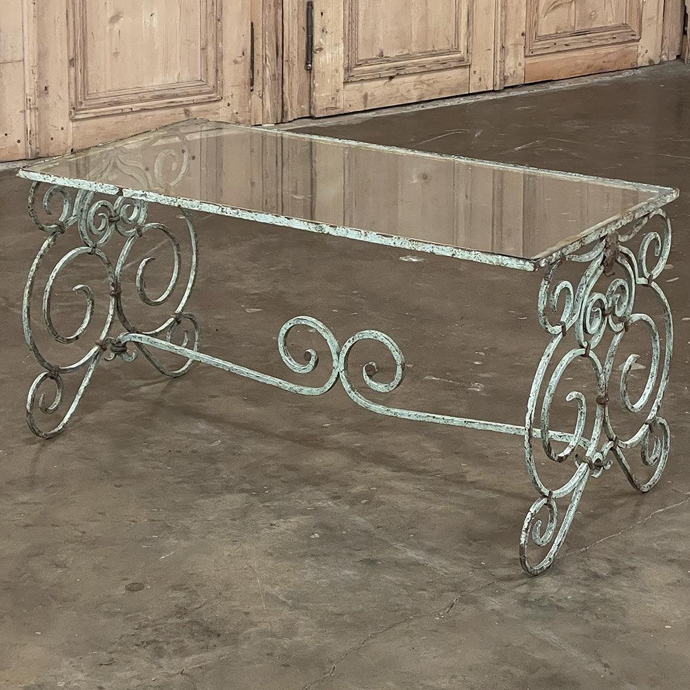 Hand-Crafted Belle Epoque Period French Painted Wrought Iron & Glass Coffee Table For Sale