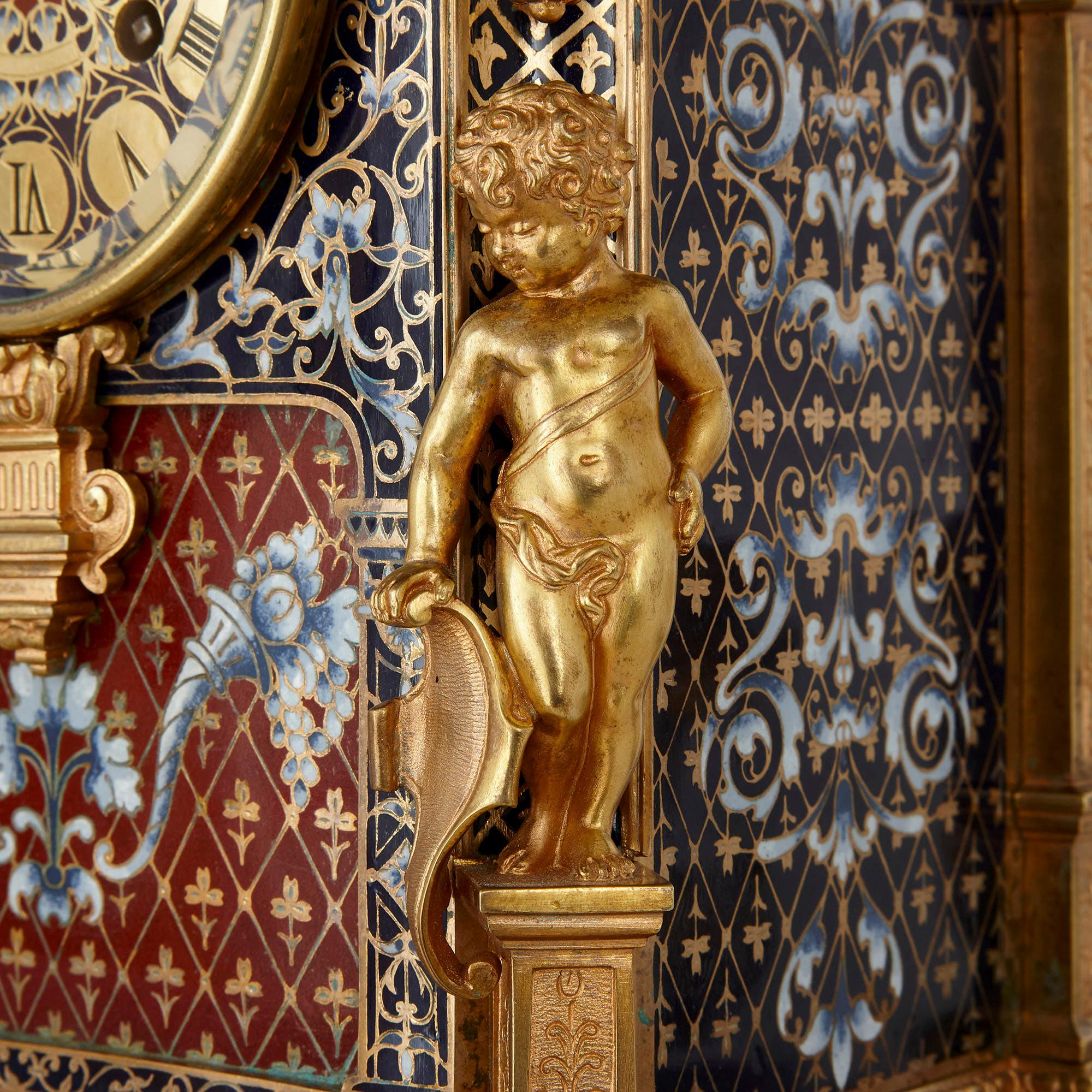 Champlevé Belle Époque Period Gilt Bronze and Enamel Clock Set For Sale