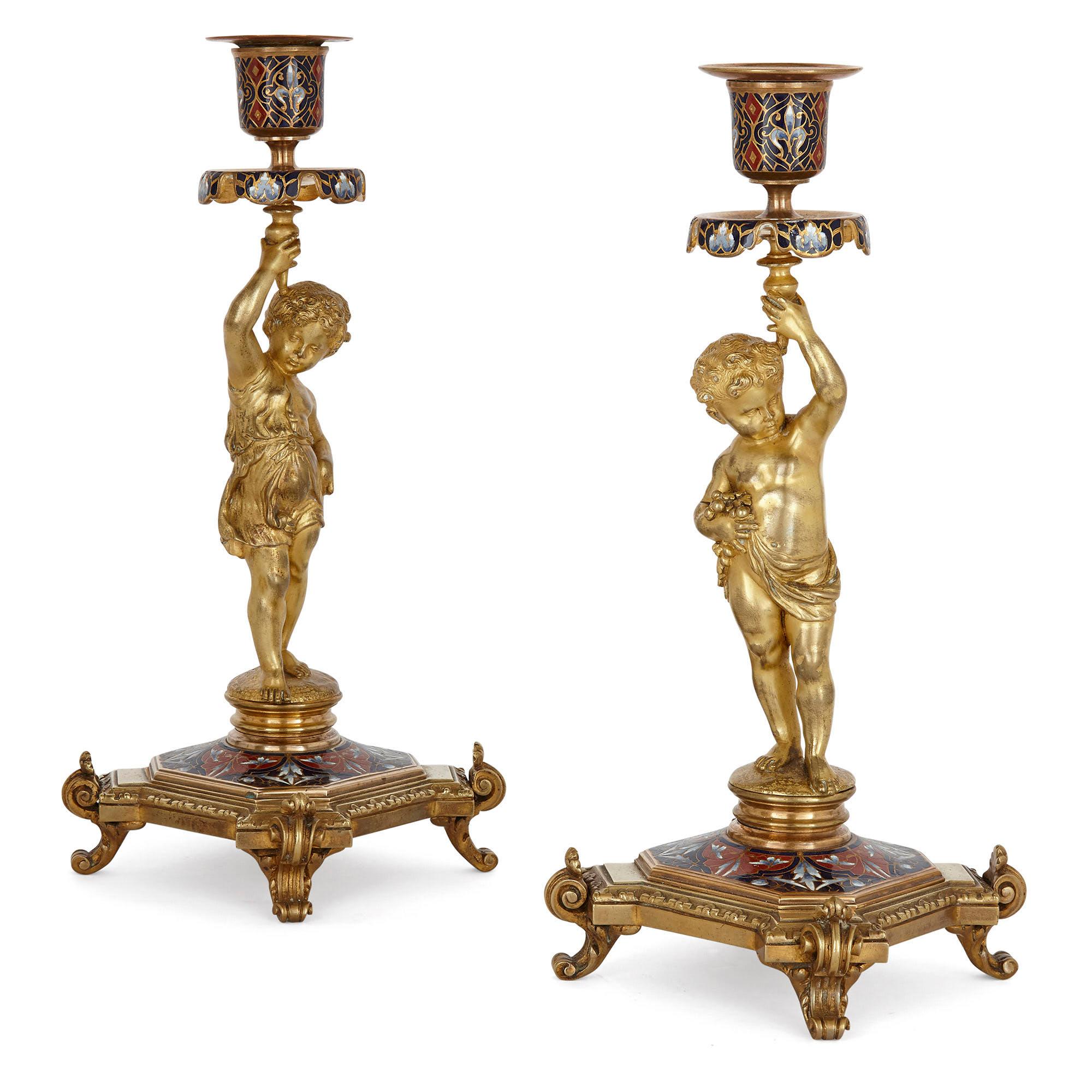 Belle Époque Period Gilt Bronze and Enamel Clock Set In Good Condition For Sale In London, GB