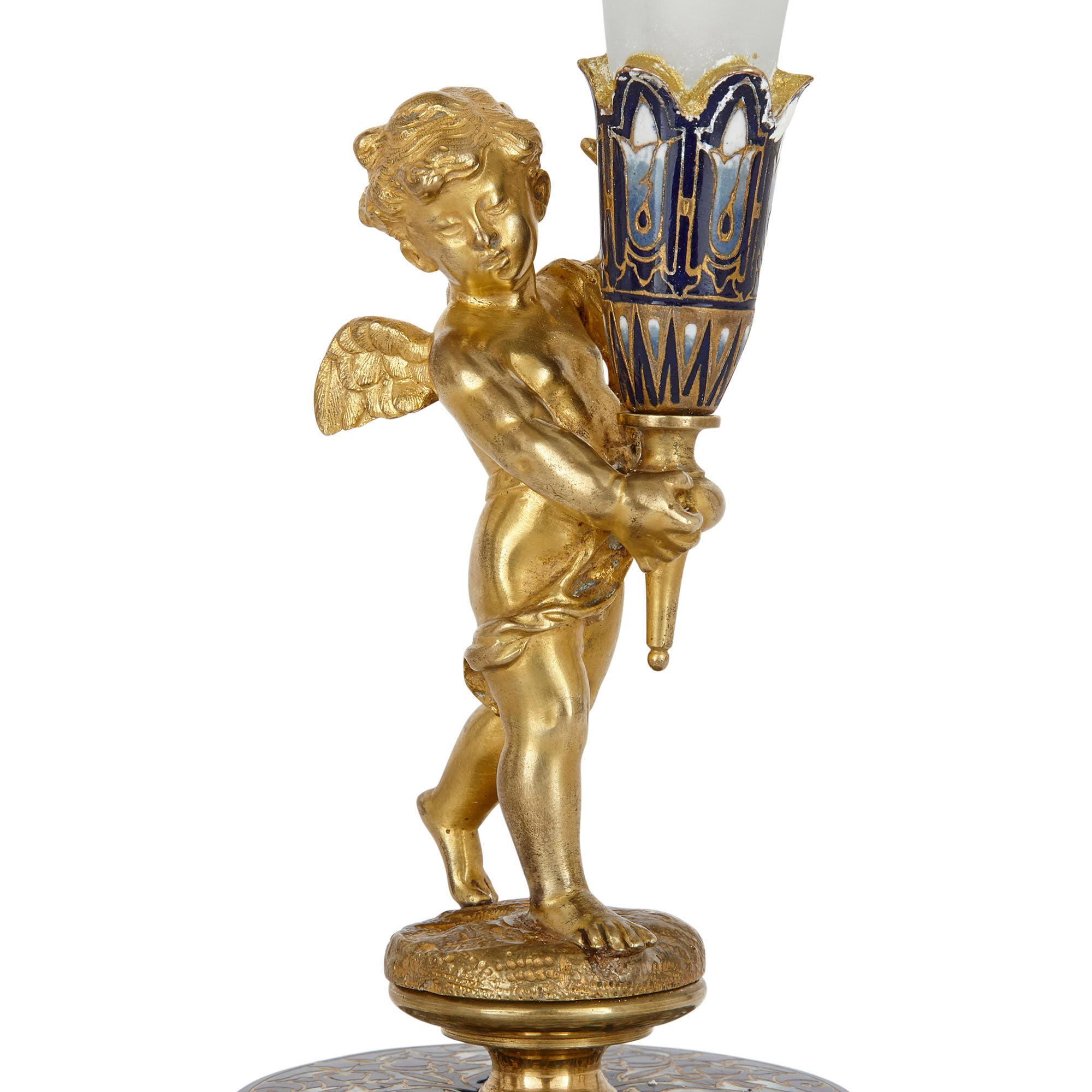 Ormolu Belle Époque Period Gilt Bronze and Enamel Clock Set For Sale