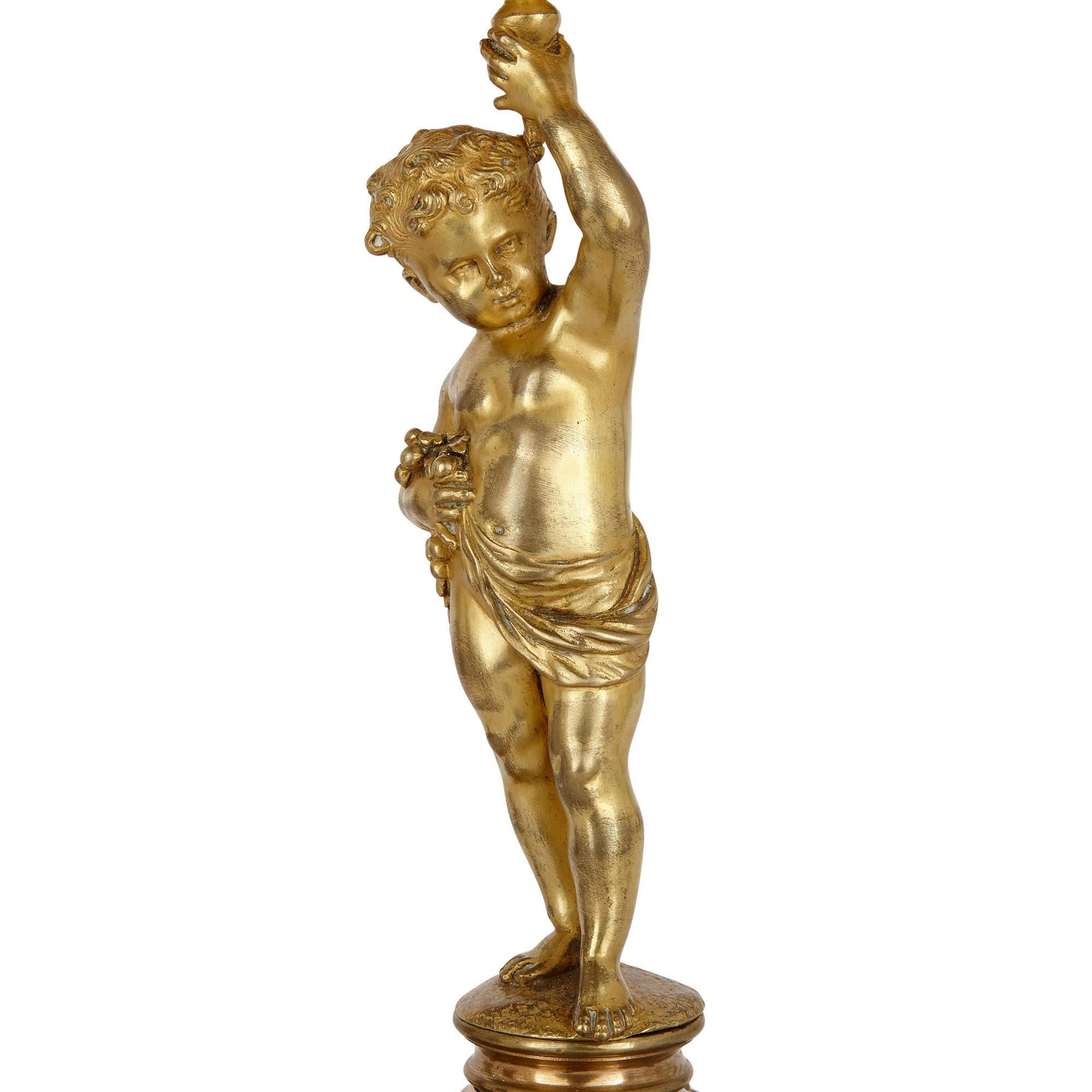 Belle Époque Period Gilt Bronze and Enamel Clock Set For Sale 1
