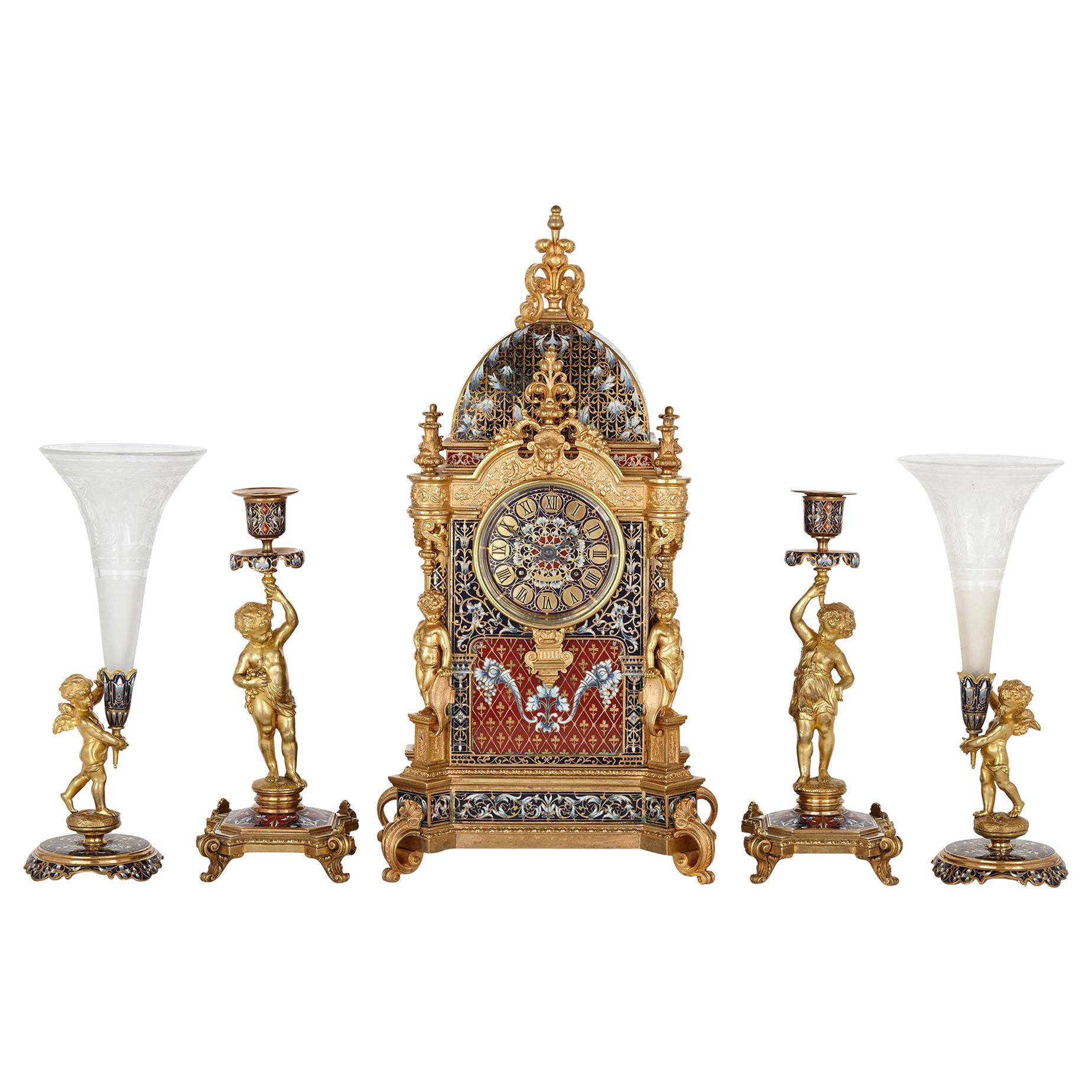 Belle Époque Period Gilt Bronze and Enamel Clock Set For Sale