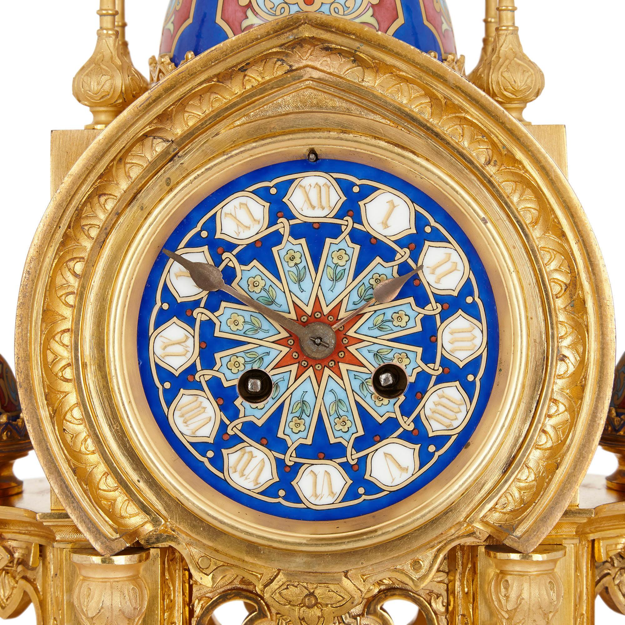 French Belle Époque Period Ormolu and Porcelain Mantel Clock in Moorish Style For Sale