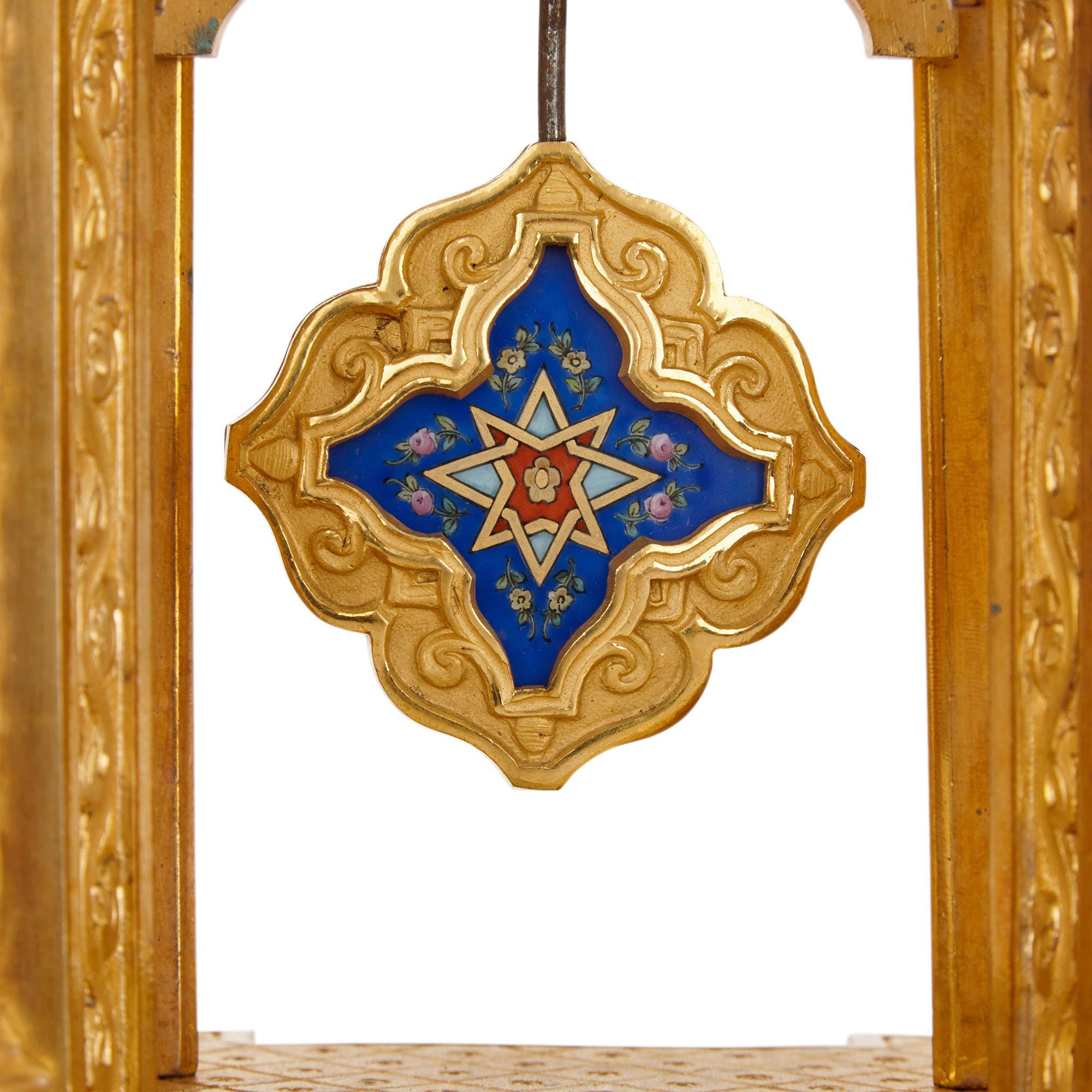 Gilt Belle Époque Period Ormolu and Porcelain Mantel Clock in Moorish Style For Sale