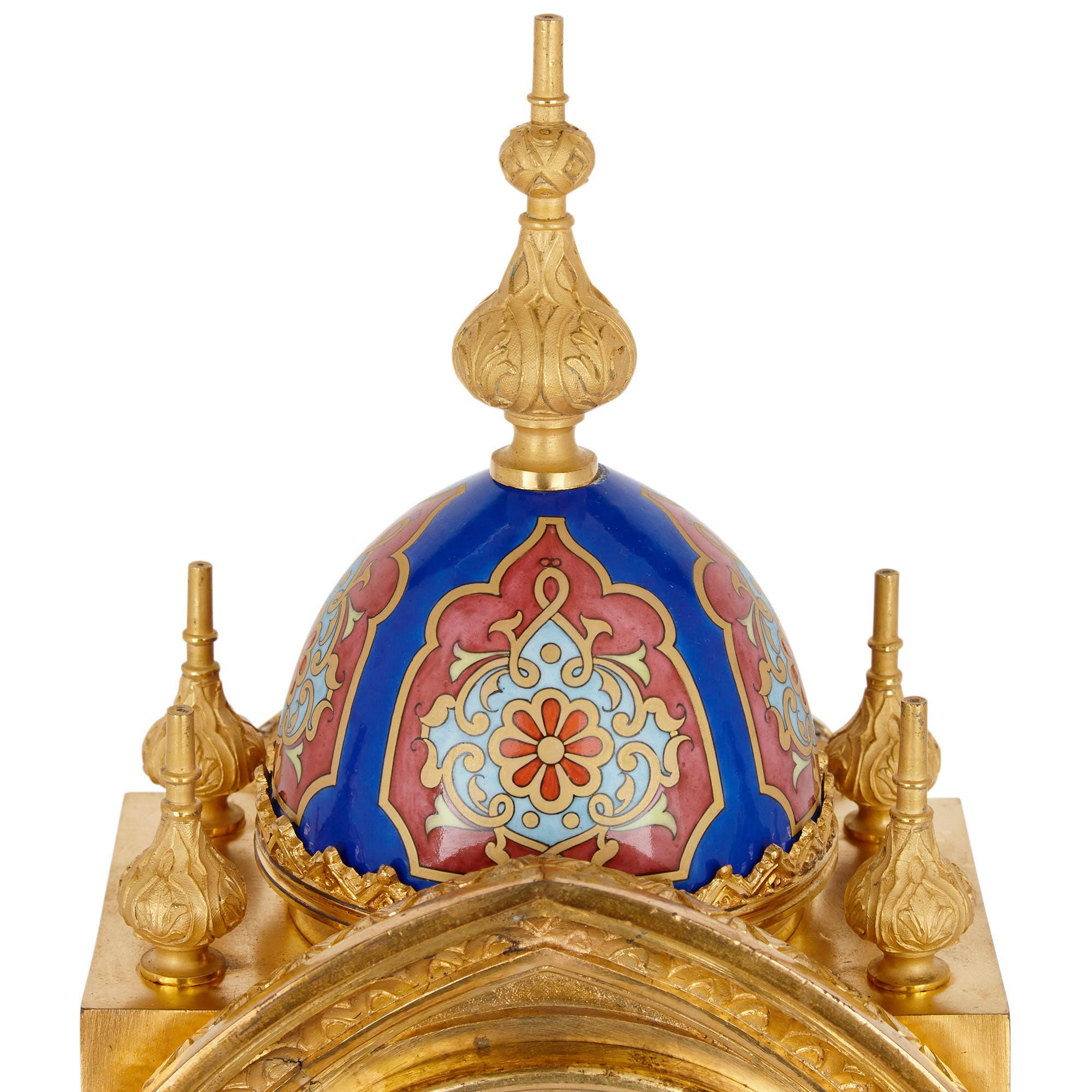 Belle Époque Period Ormolu and Porcelain Mantel Clock in Moorish Style For Sale 1