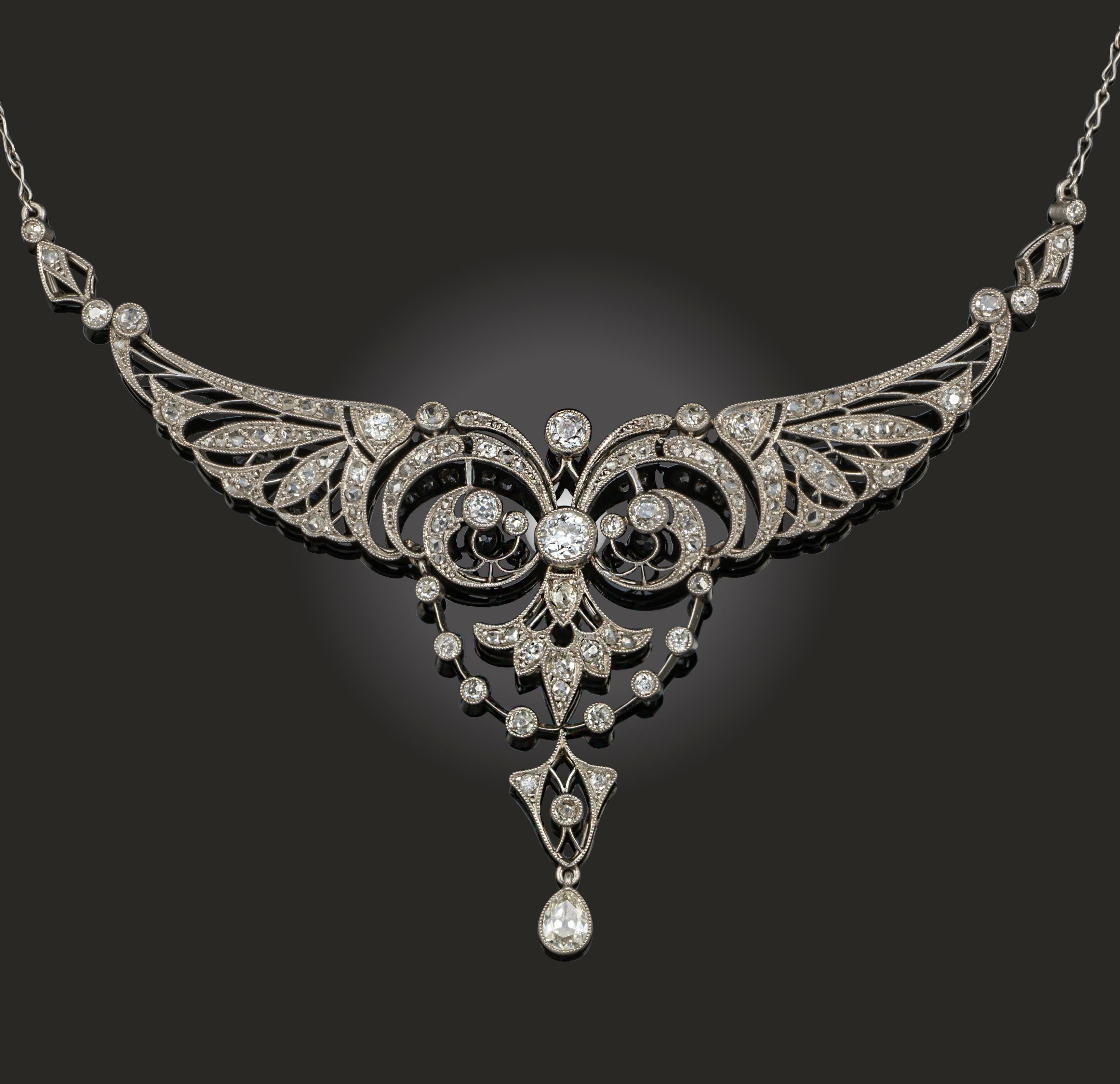 Old European Cut Belle Epoqué Platinum And Diamond Necklace circa 1910 For Sale