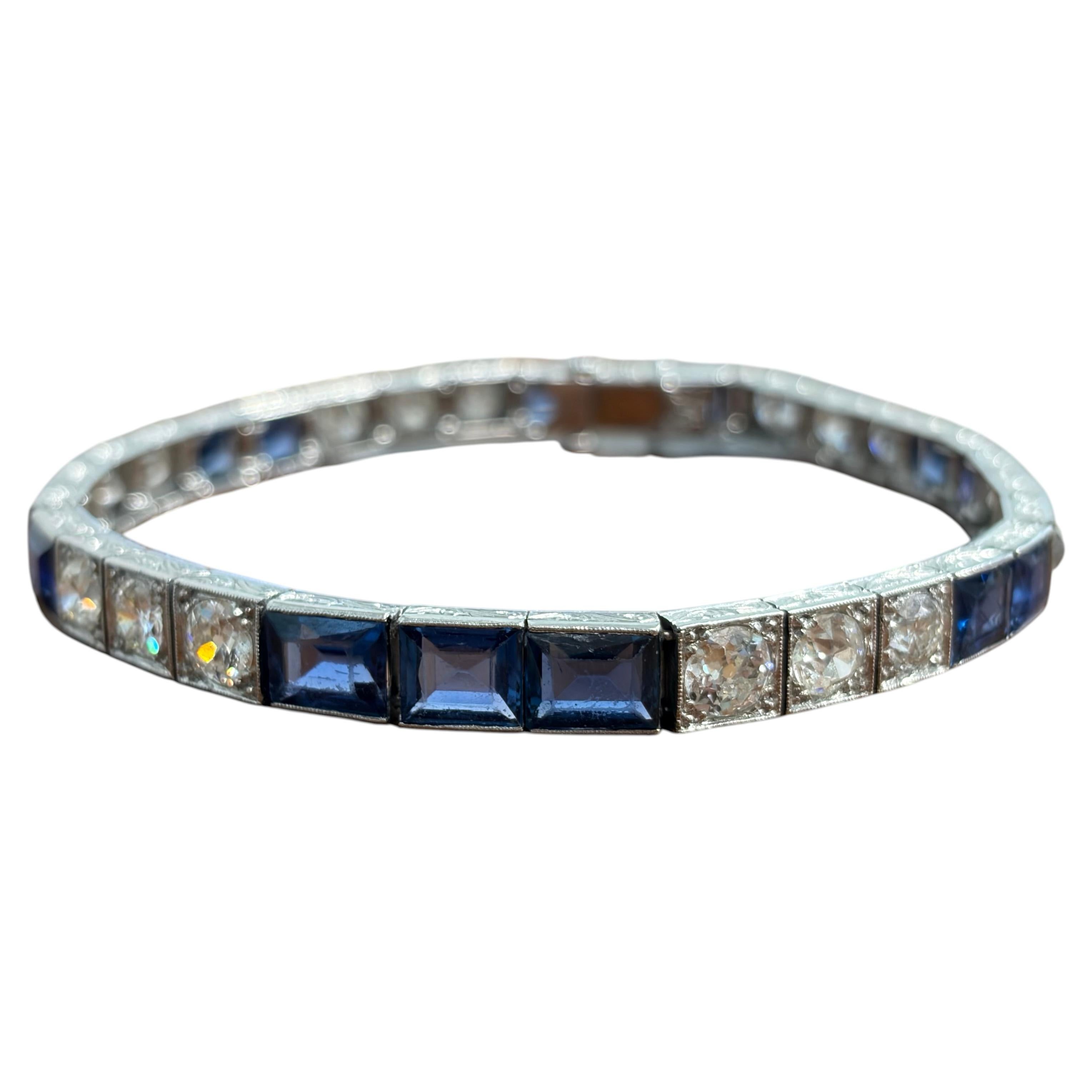 BELLE EPOQUE Platinum, Diamond & Sapphire Straight Line Bracelet Circa 1900s For Sale