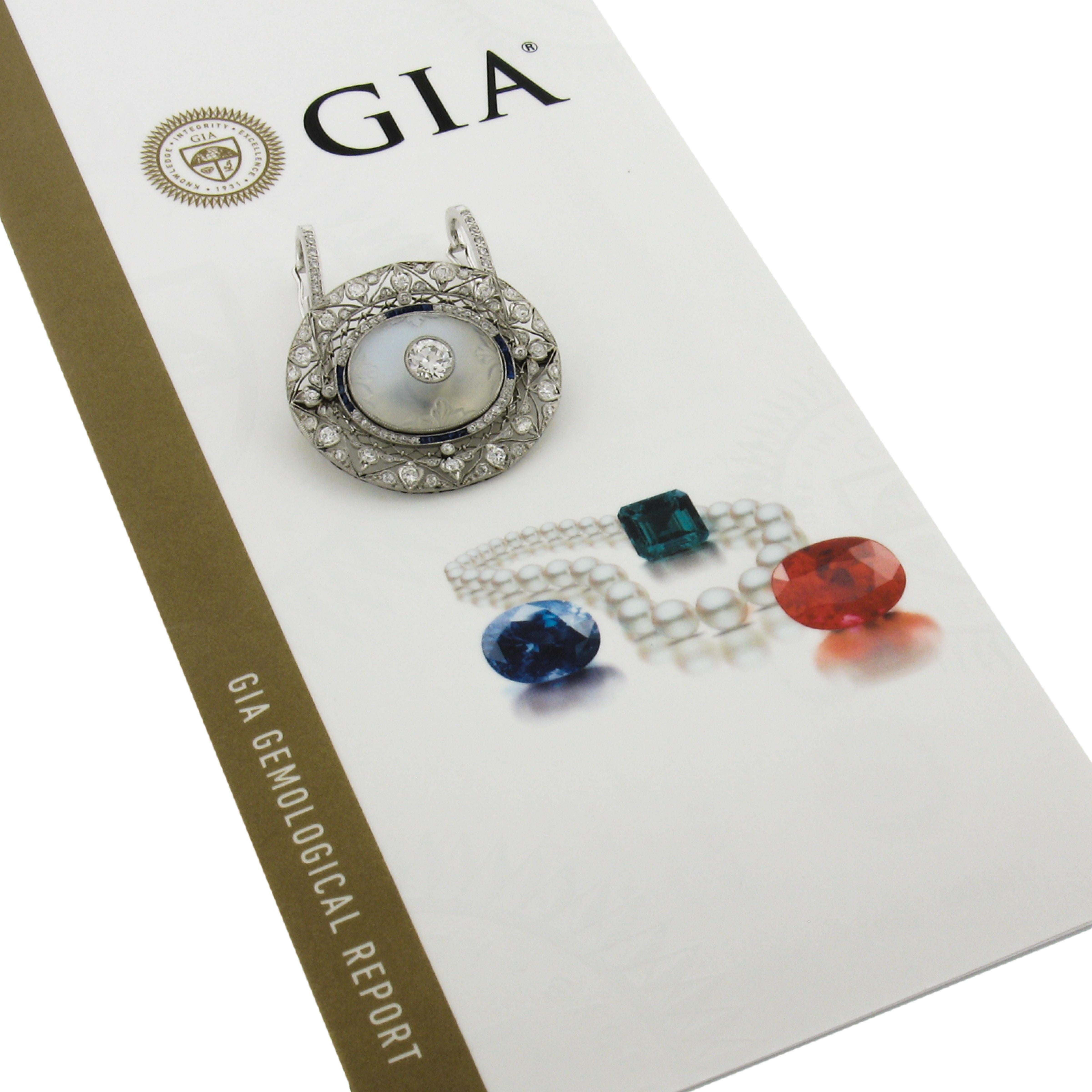 Belle Epoque Platin GIA Blauer Mondstein Saphir Diamant Brosche Anhänger im Angebot 4