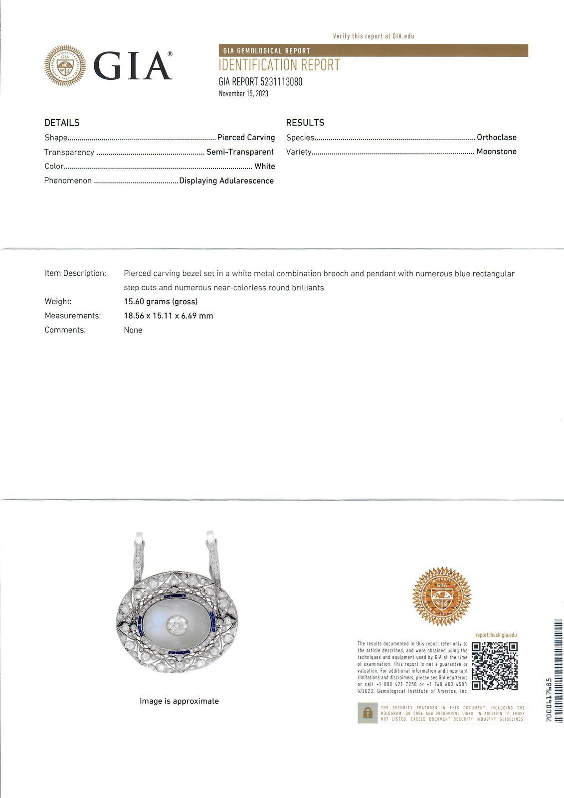Belle Epoque Platinum GIA Blue Moonstone Sapphire Diamond Brooch Pendant For Sale 5