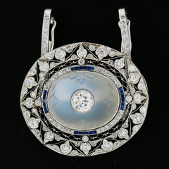 Belle Epoque Platinum GIA Blue Moonstone Sapphire Diamond Brooch Pendant