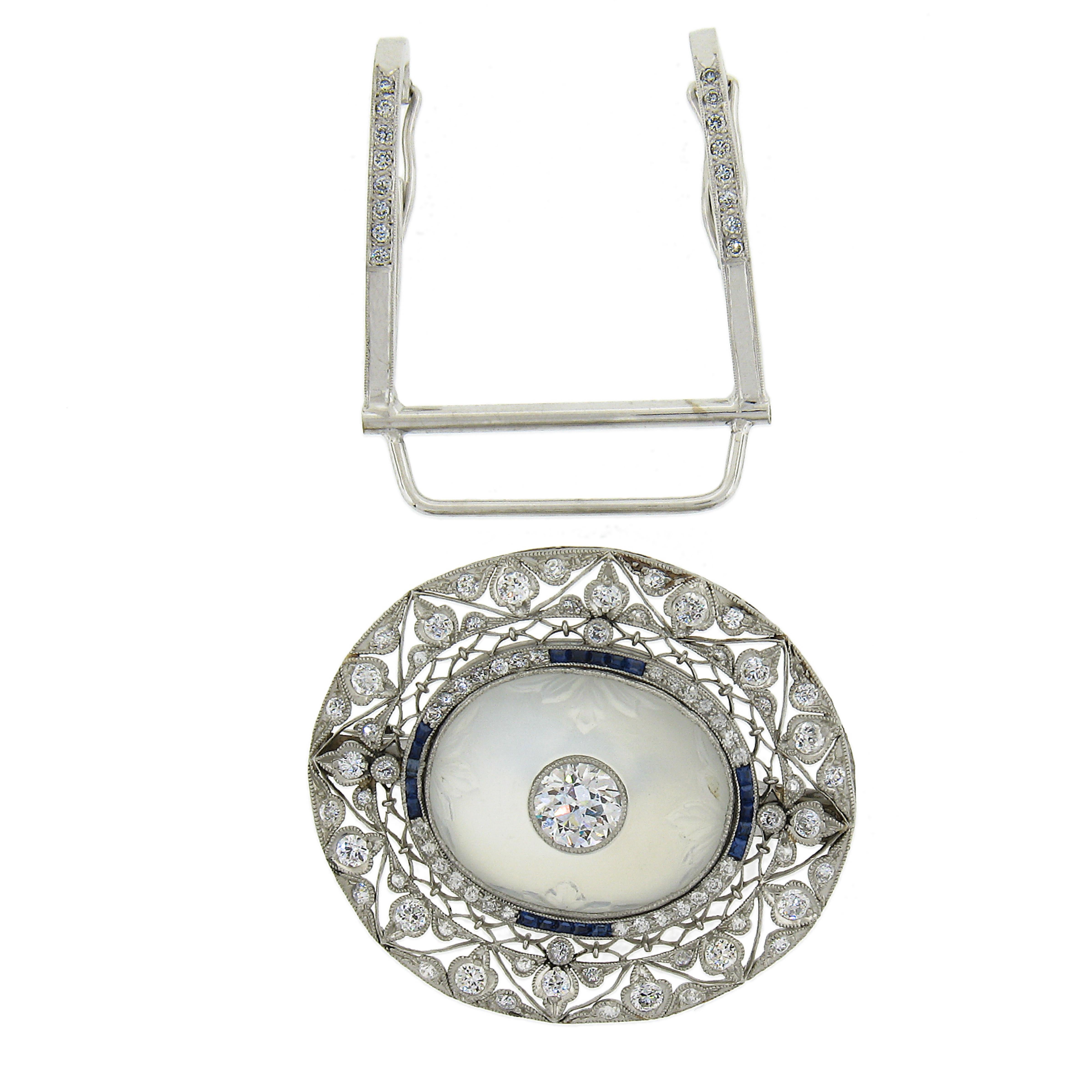 Belle Époque Belle Epoque Platinum GIA Blue Moonstone Sapphire Diamond Brooch Pendant For Sale