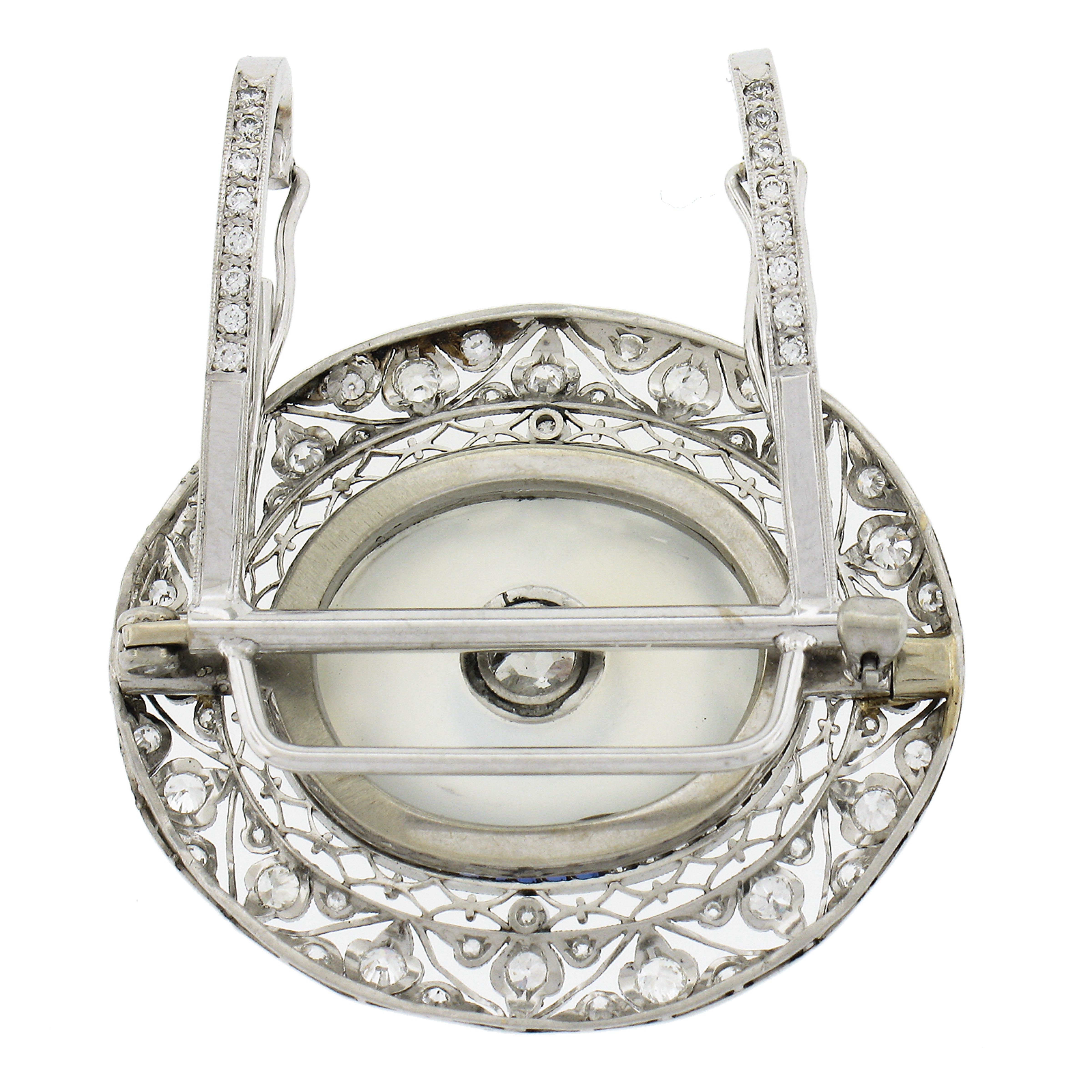 Belle Epoque Platin GIA Blauer Mondstein Saphir Diamant Brosche Anhänger (Ovalschliff) im Angebot