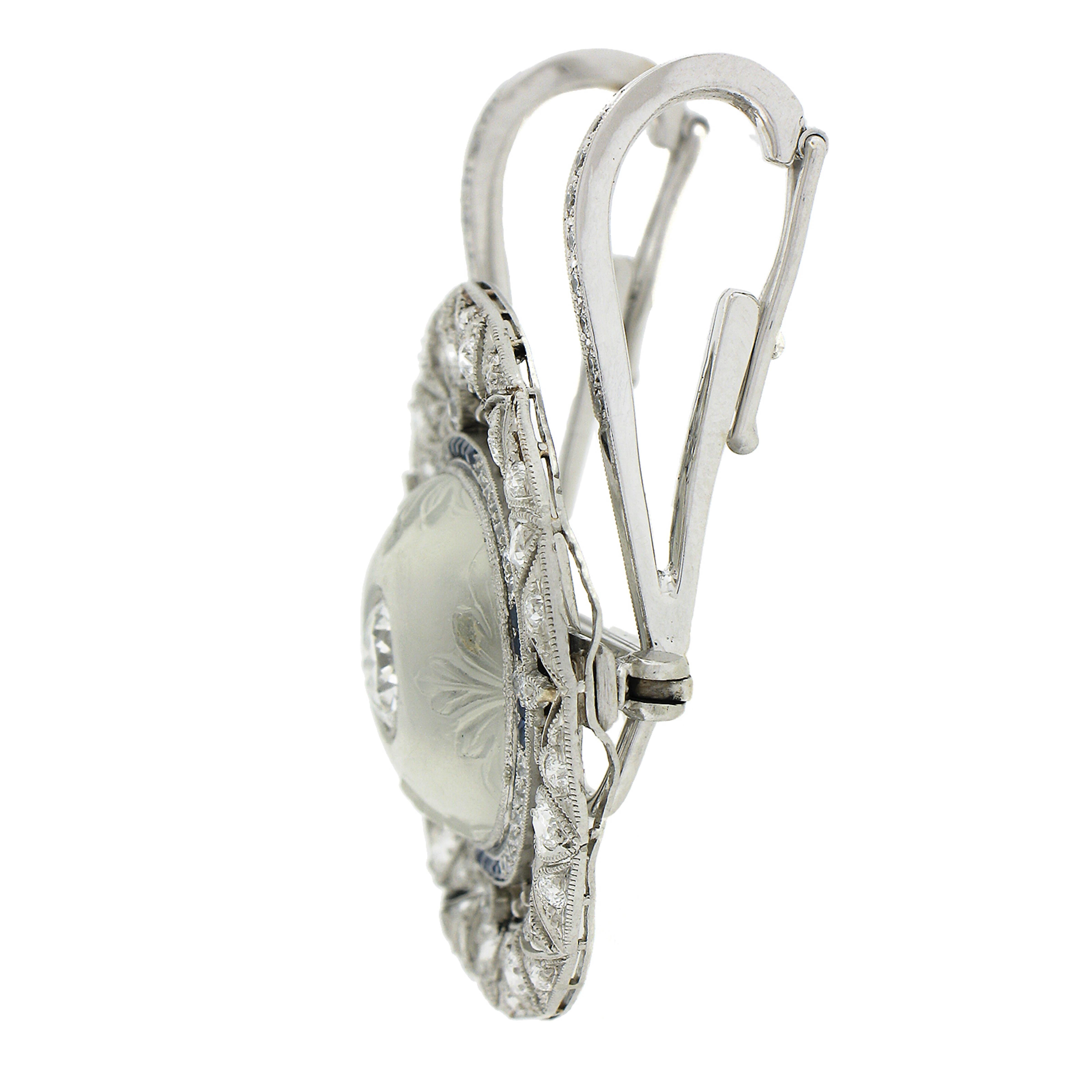Belle Epoque Platinum GIA Blue Moonstone Sapphire Diamond Brooch Pendant For Sale 2