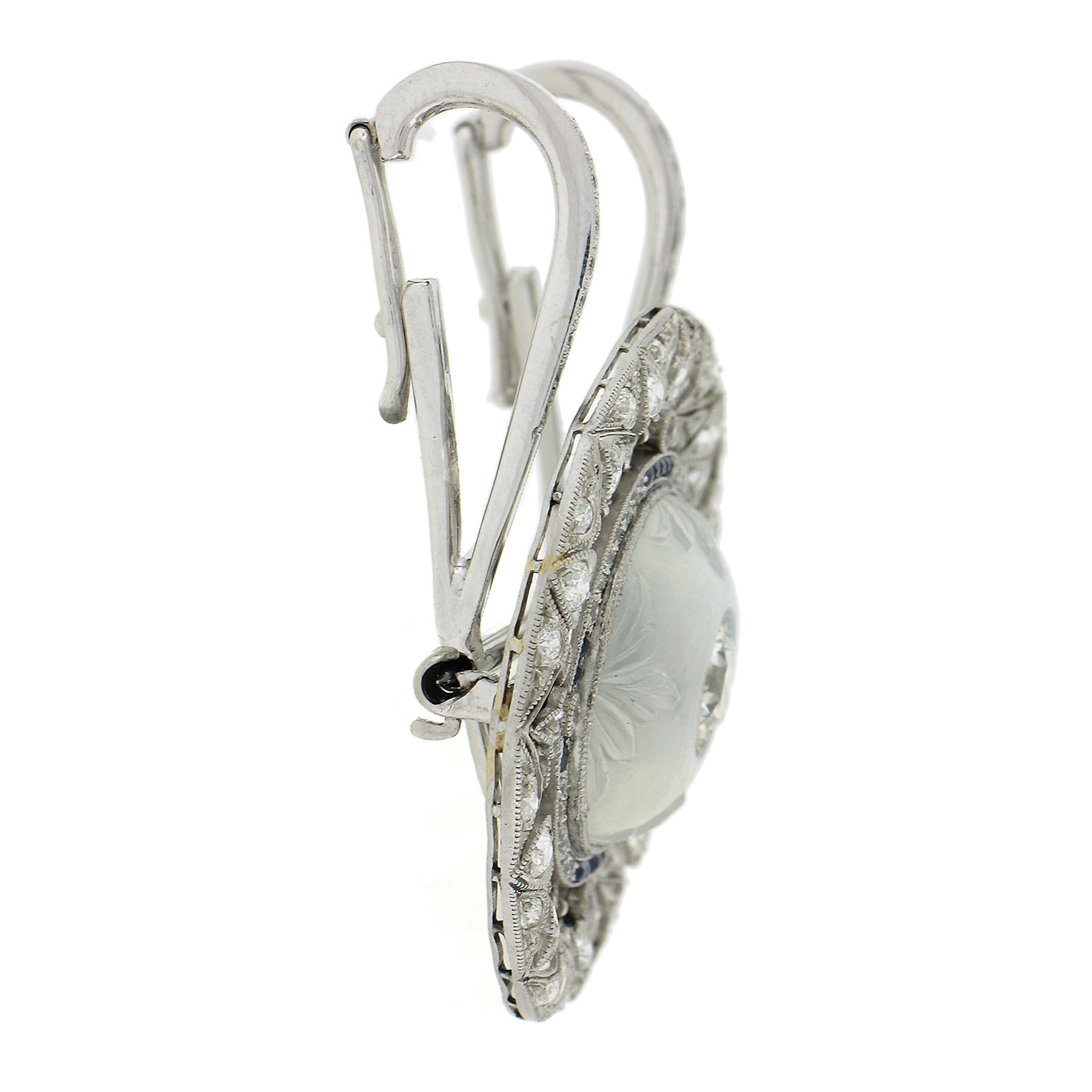 Belle Epoque Platinum GIA Blue Moonstone Sapphire Diamond Brooch Pendant For Sale 3