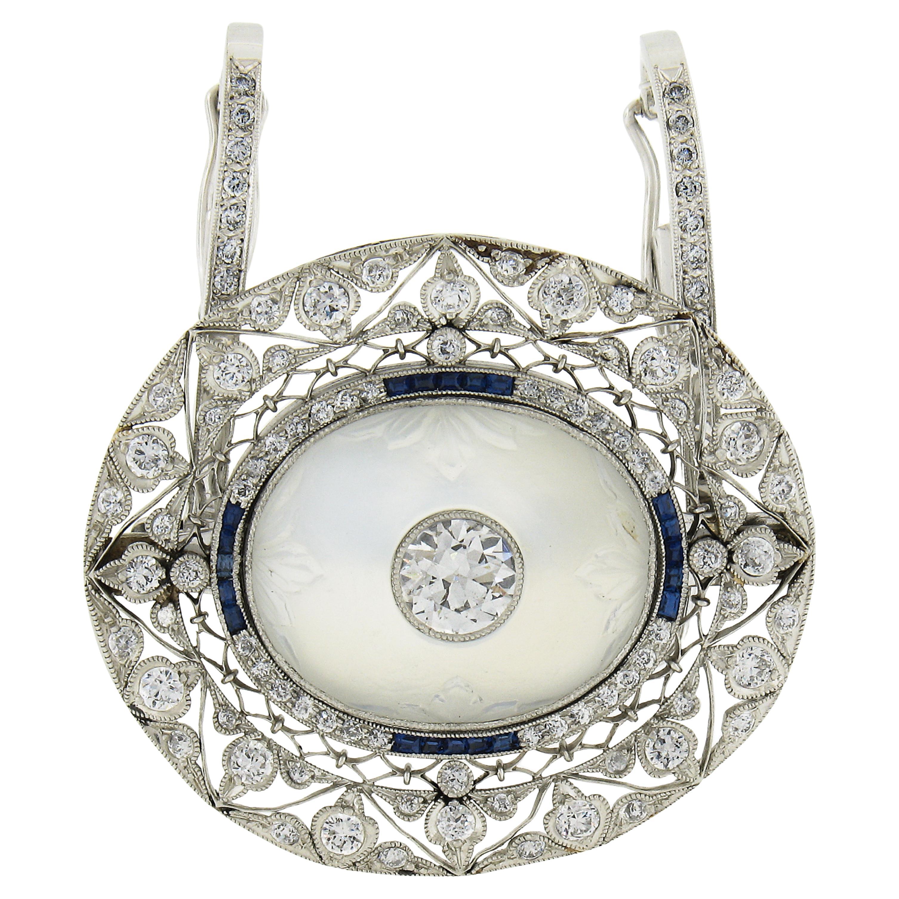 Belle Epoque Platinum GIA Blue Moonstone Sapphire Diamond Brooch Pendant For Sale