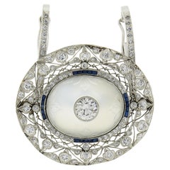 Antique Belle Epoque Platinum GIA Blue Moonstone Sapphire Diamond Brooch Pendant