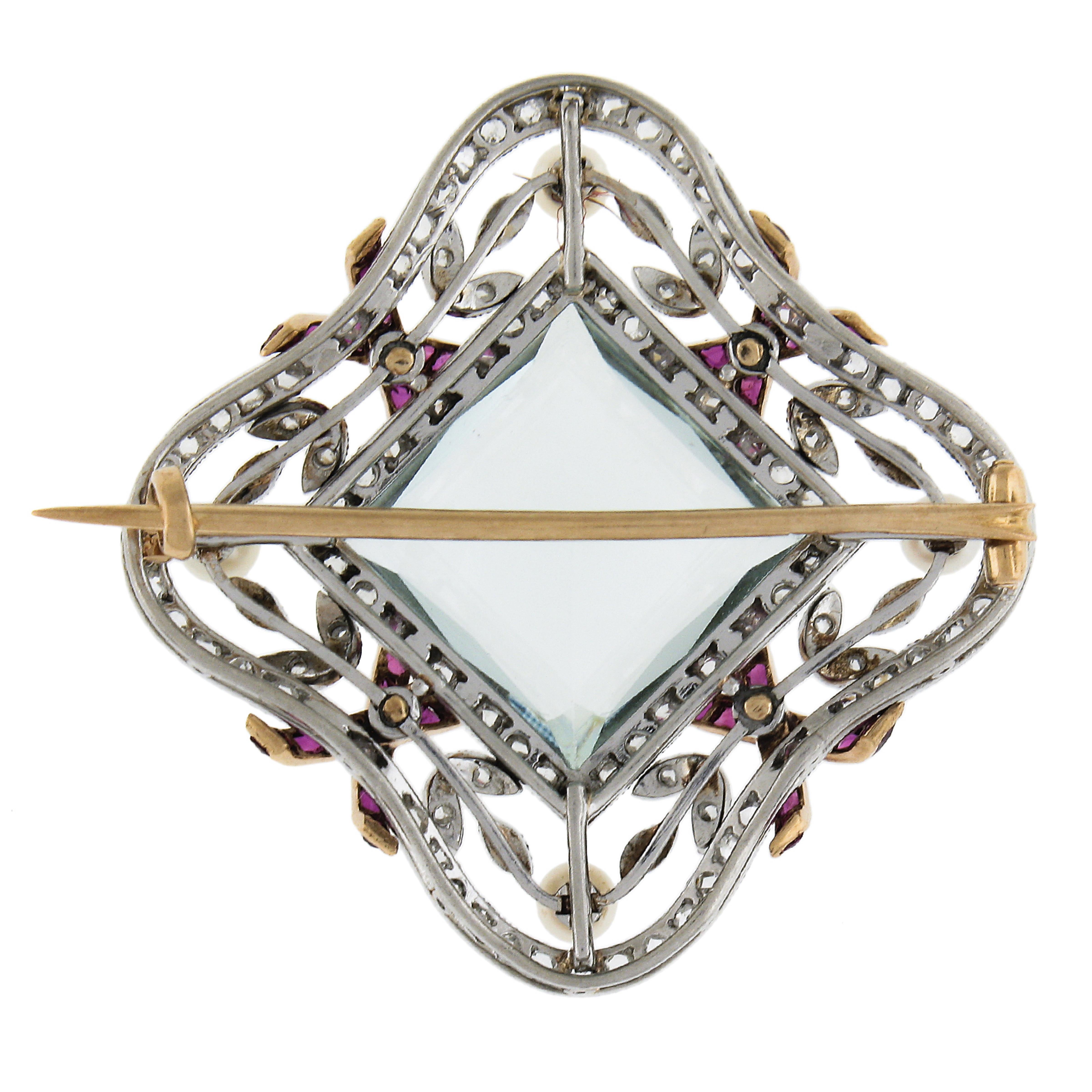 Belle Epoque Platin & Gold Aquamarin Rubin Diamant und Perle Pin Brosche (Belle Époque) im Angebot