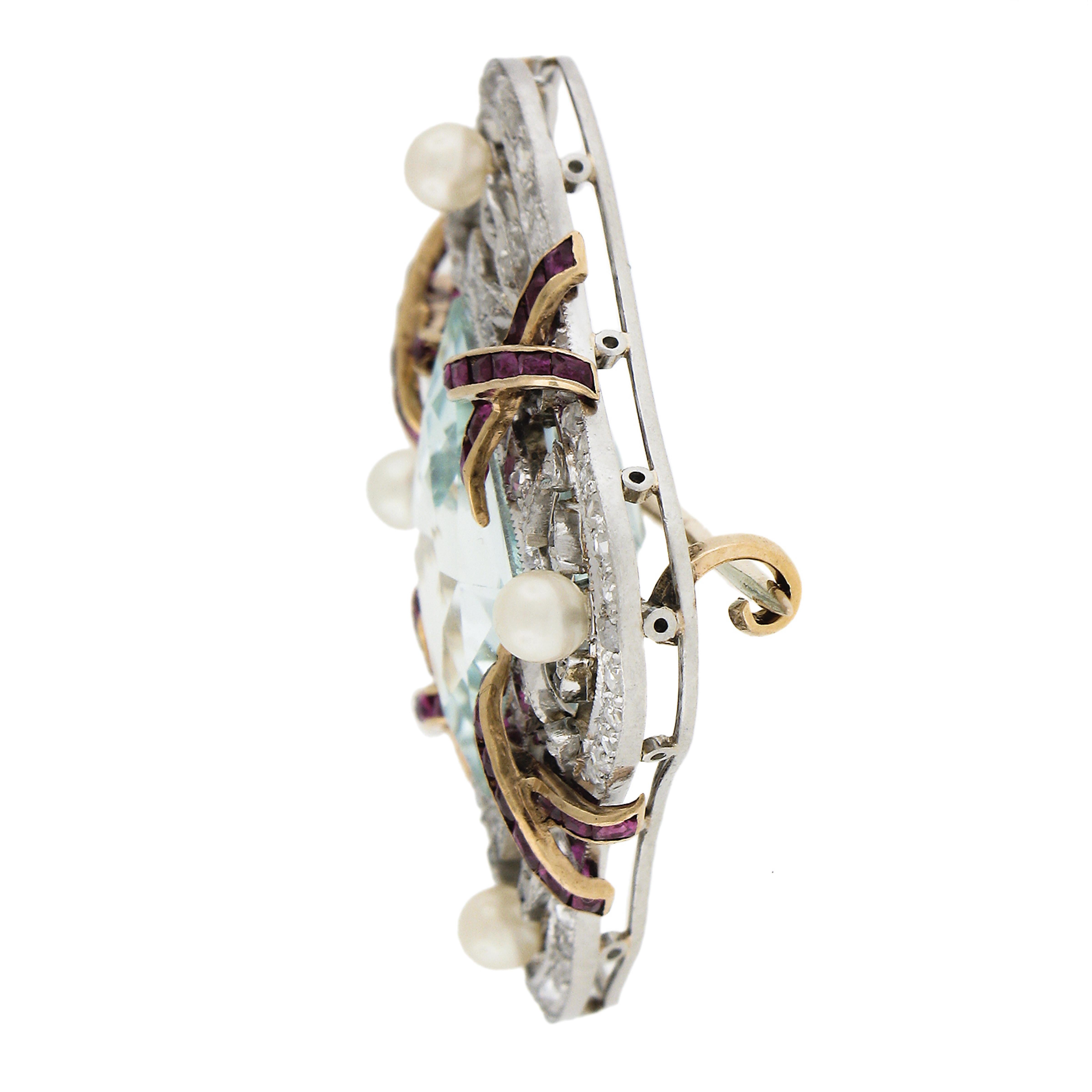 Belle Epoque Platin & Gold Aquamarin Rubin Diamant und Perle Pin Brosche im Zustand „Hervorragend“ im Angebot in Montclair, NJ
