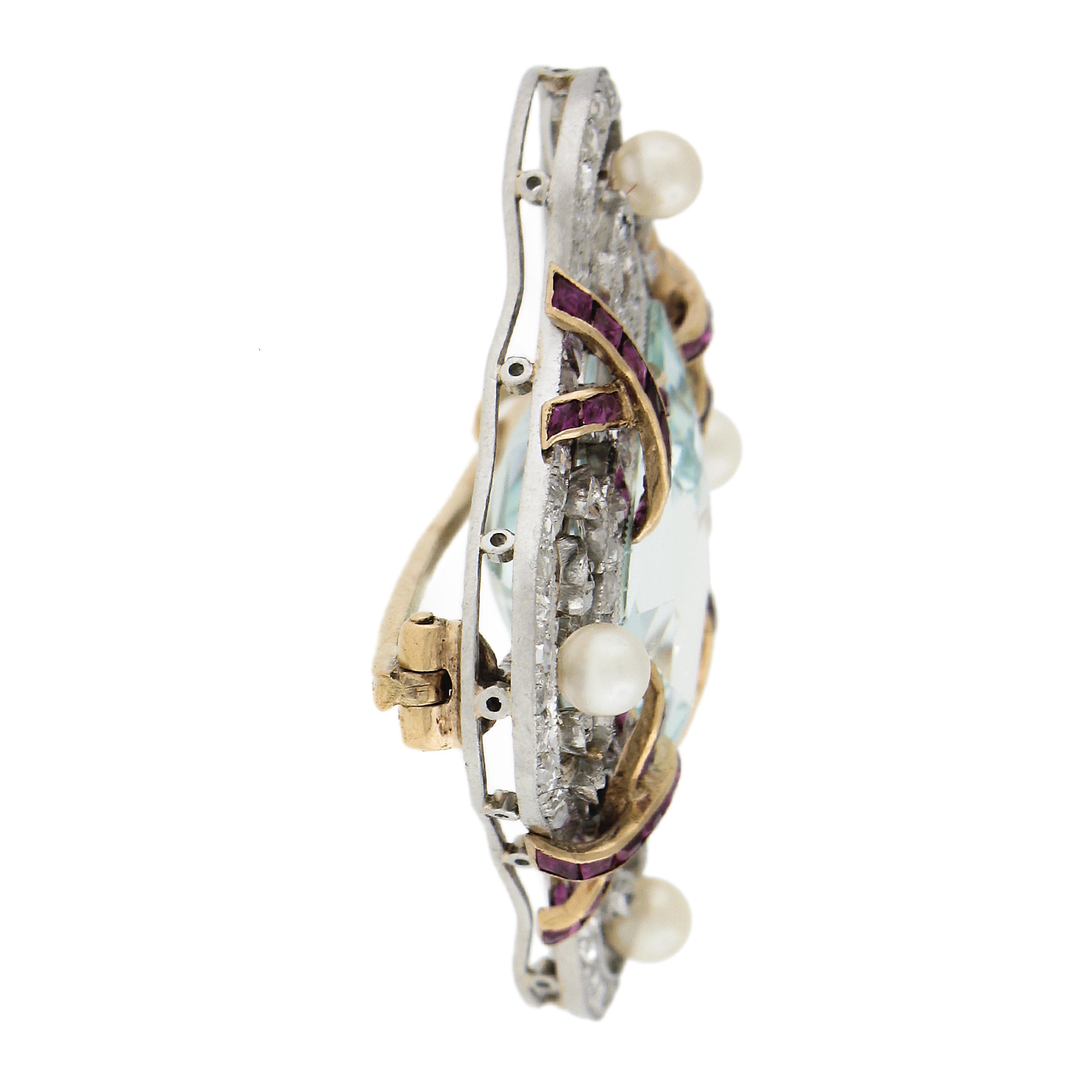 Belle Epoque Platin & Gold Aquamarin Rubin Diamant und Perle Pin Brosche Damen im Angebot