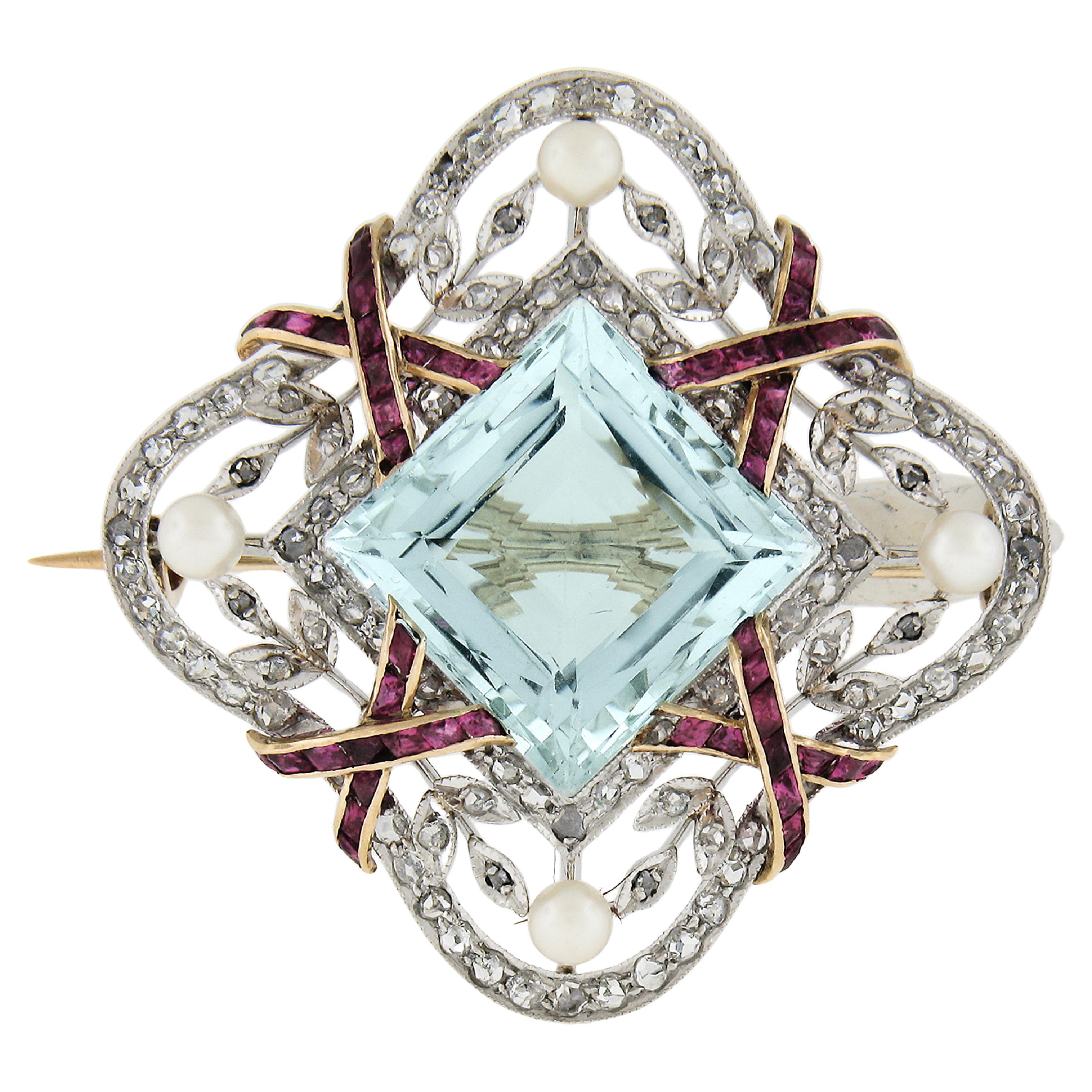 Belle Epoque Platinum & Gold Aquamarine Ruby Diamond and Pearl Pin Brooch