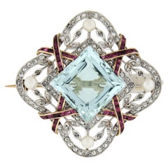 Belle Epoque Platinum & Gold Aquamarine Ruby Diamond and Pearl Pin Brooch