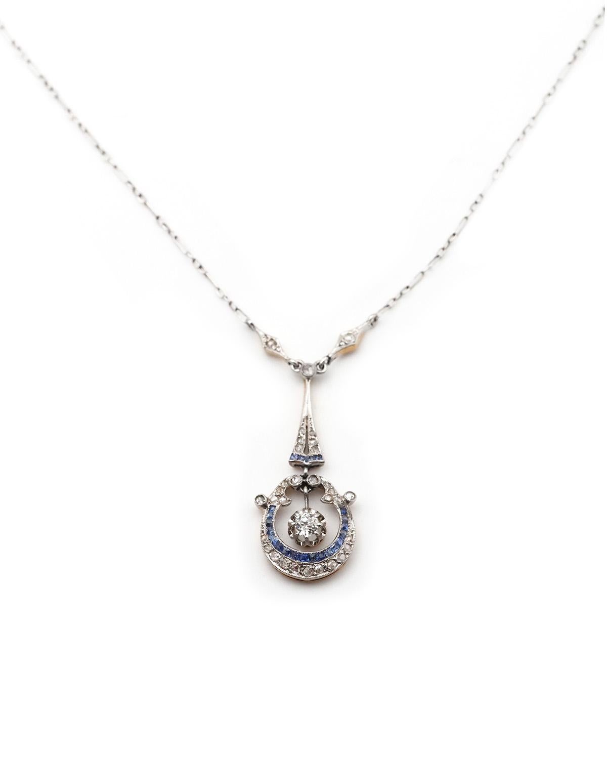Taglio vecchia miniera Collana Belle Epoque in platino con zaffiri e diamanti in vendita