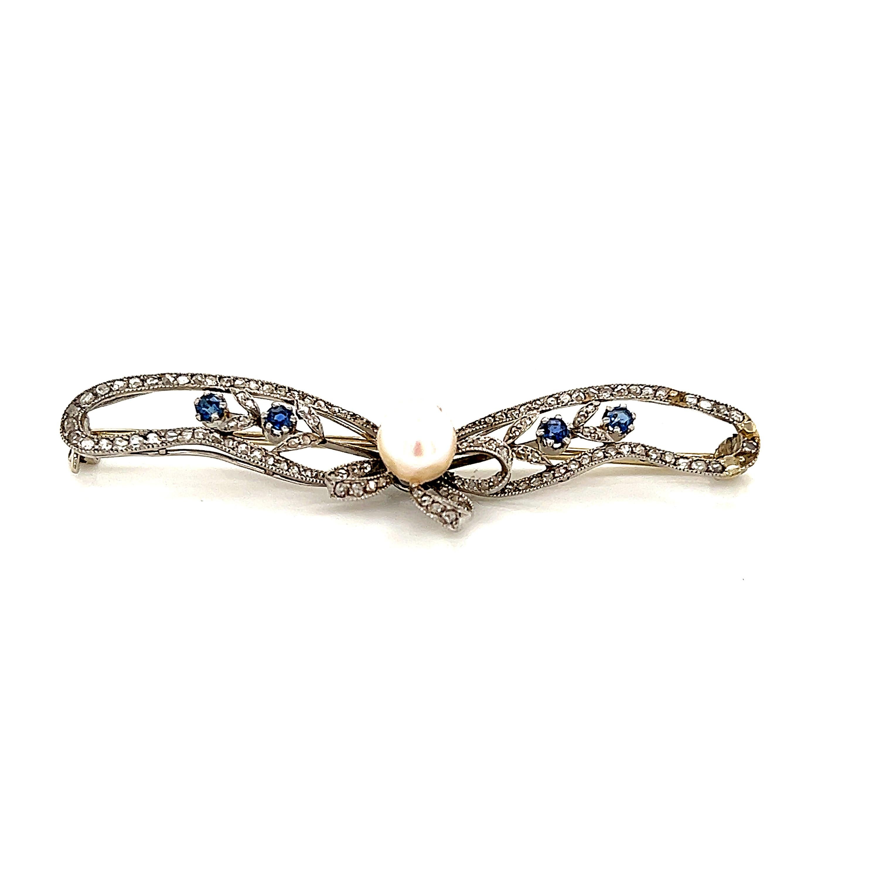 Rose Cut Belle Epoque Platinum Ribbon Brooch with Pearl Diamonds & Sapphires For Sale