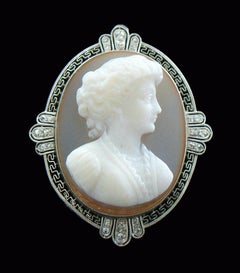 Belle Époque Platinum & Sardonyx Cameo Brooch/Pendant w/ Diamonds, 20th Century