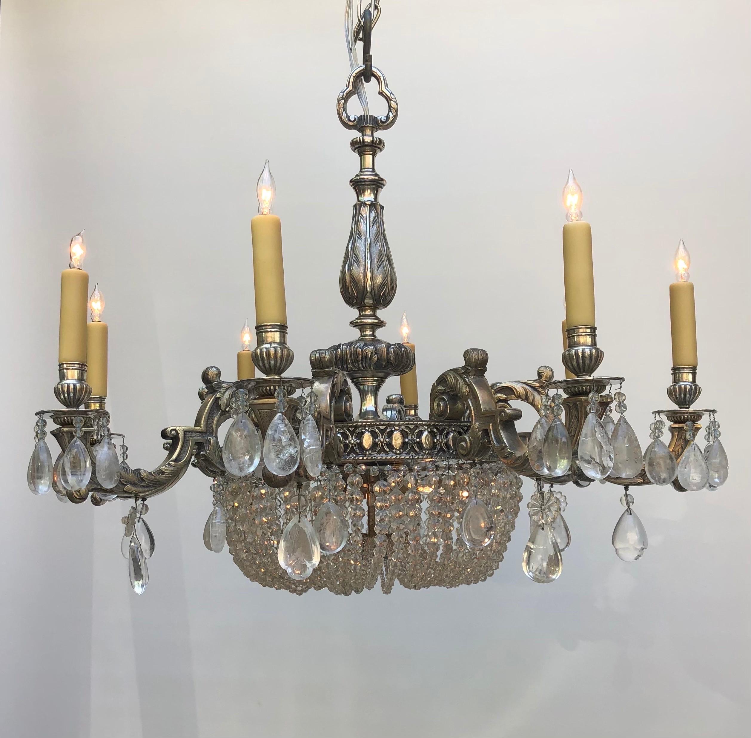 Belle Époque Rock Crystal Silver-Plated Bronze Chandelier, Early 20th Century For Sale 7
