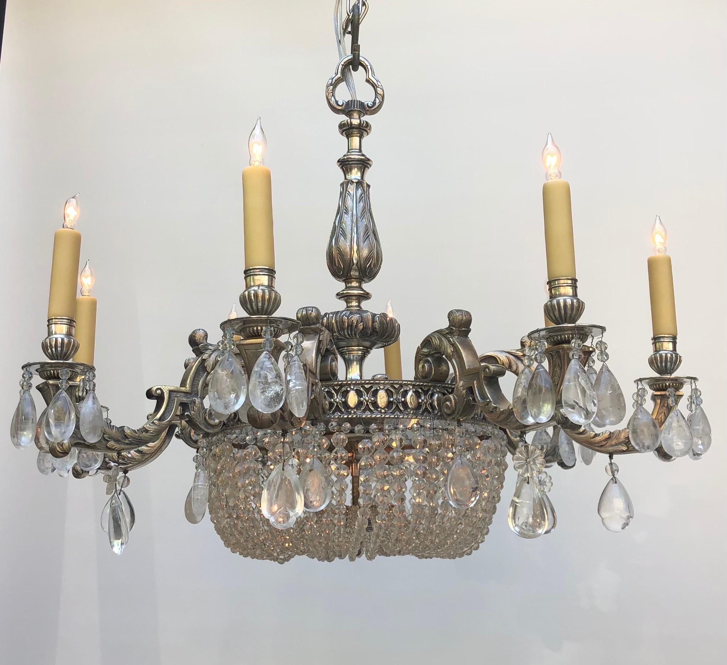 French Belle Époque Rock Crystal Silver-Plated Bronze Chandelier, Early 20th Century For Sale