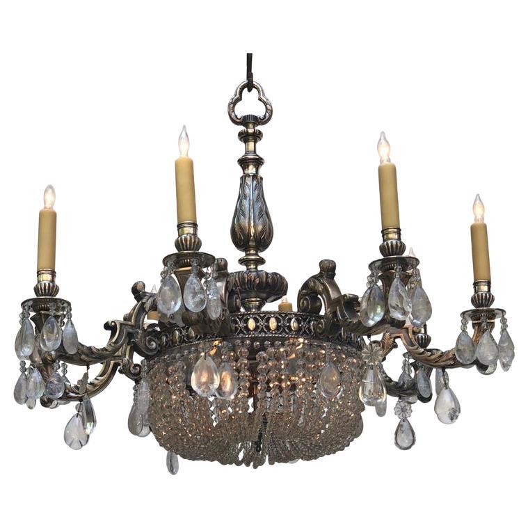 Belle Époque Rock Crystal Silver-Plated Bronze Chandelier, Early 20th Century For Sale