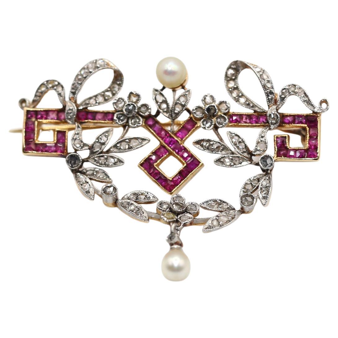 Belle Époque Rubies Pearls Rose-cut Diamonds Brooch, 1900 For Sale