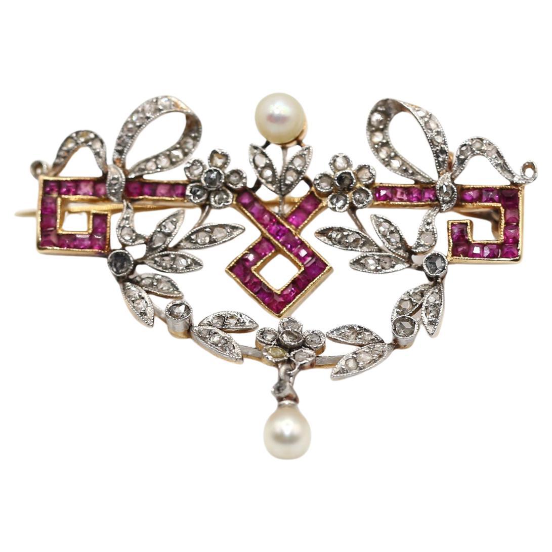 Belle Epoque Rubies Pearls Rose-cut Diamonds Brooch Pendant, 1900