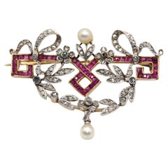 Belle Epoque Rubíes Perlas Diamantes talla rosa Broche Colgante, 1900