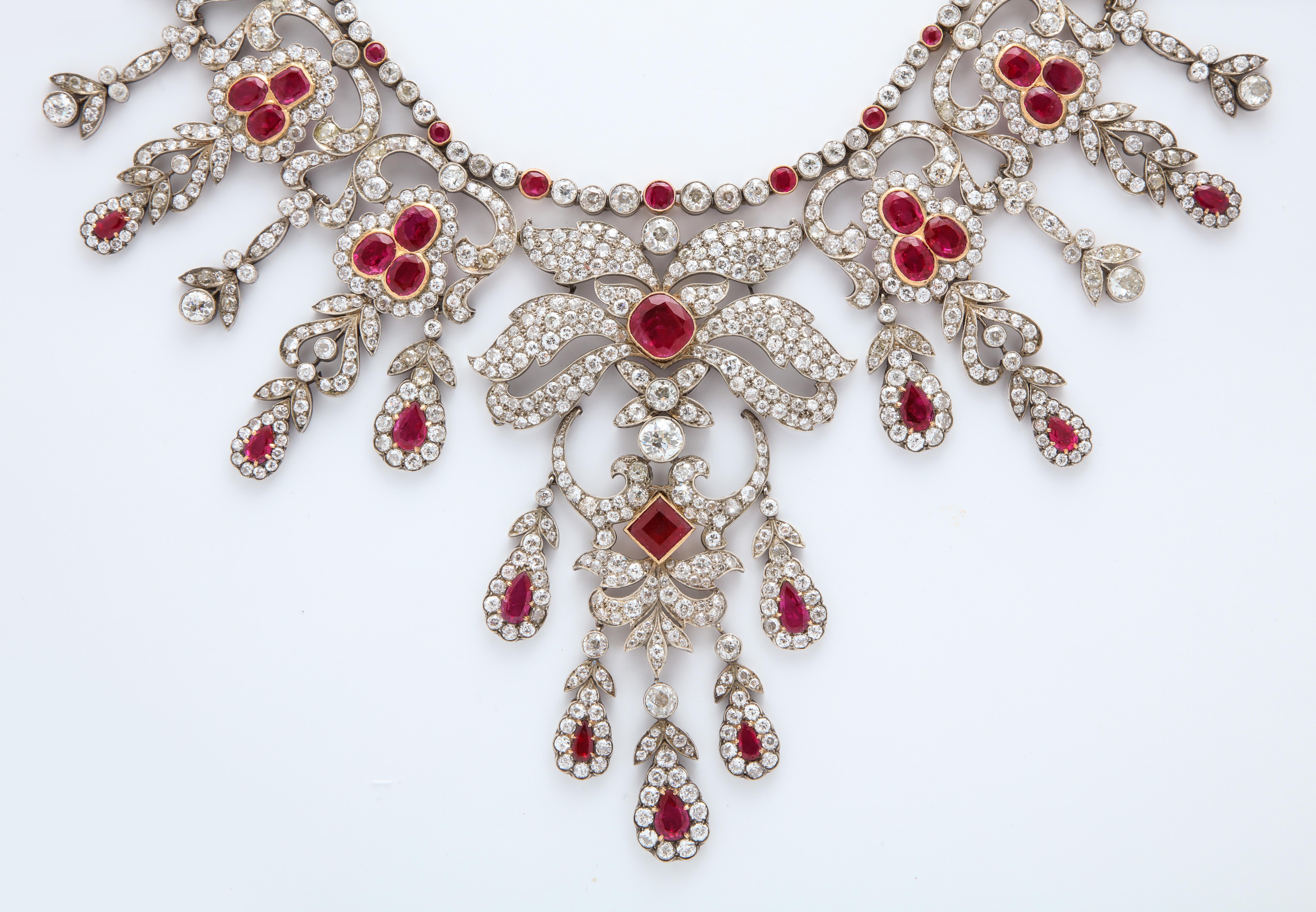 A monumental and historic Belle Epoque necklace.

Featuring a once in a lifetime collection of over 100 carats of unheated Burmese rubies.

With approx 100 carats of antique cut diamonds.

Made circa 1910 on commission for a Maharajah 