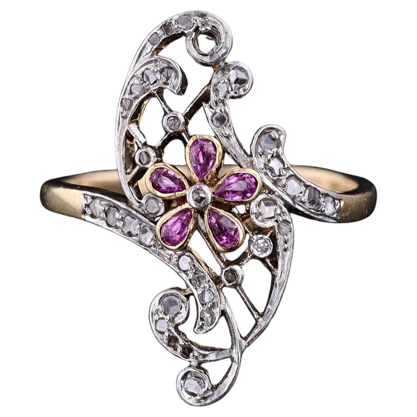 Bague Belle Epoque en or 18k avec rubis et diamants