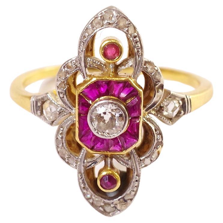 Belle Epoque Ruby Diamond Ring in Yellow Gold and Platinum, Wedding Ring For Sale
