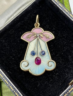 Belle Epoque Ruby Sapphire OMC Diamond Enamel Pendant Necklace 14 Karat Gold
