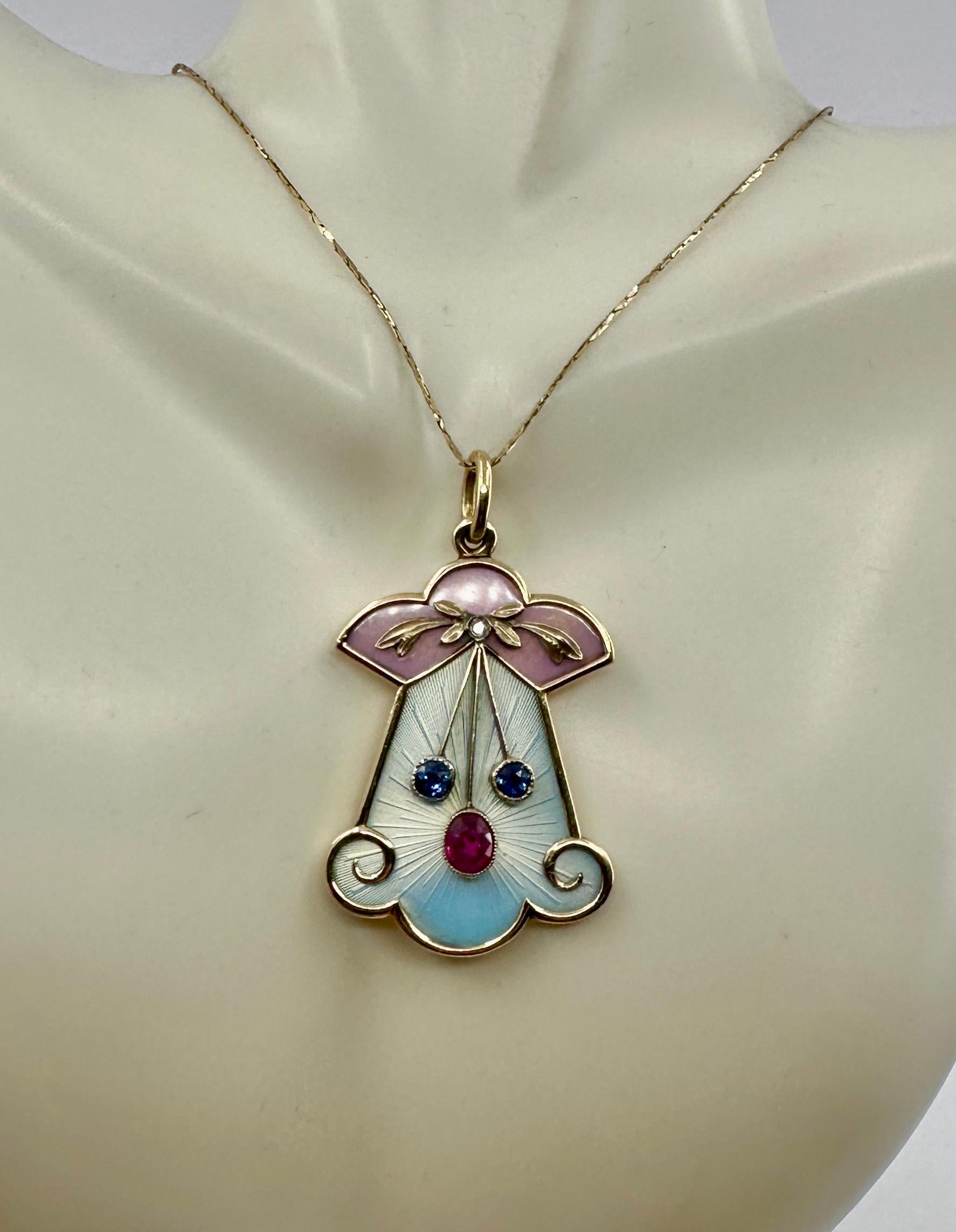 Belle Époque Collier Belle Epoque Rubis Saphir OMC Diamant Pendentif émail Or 14 carats en vente