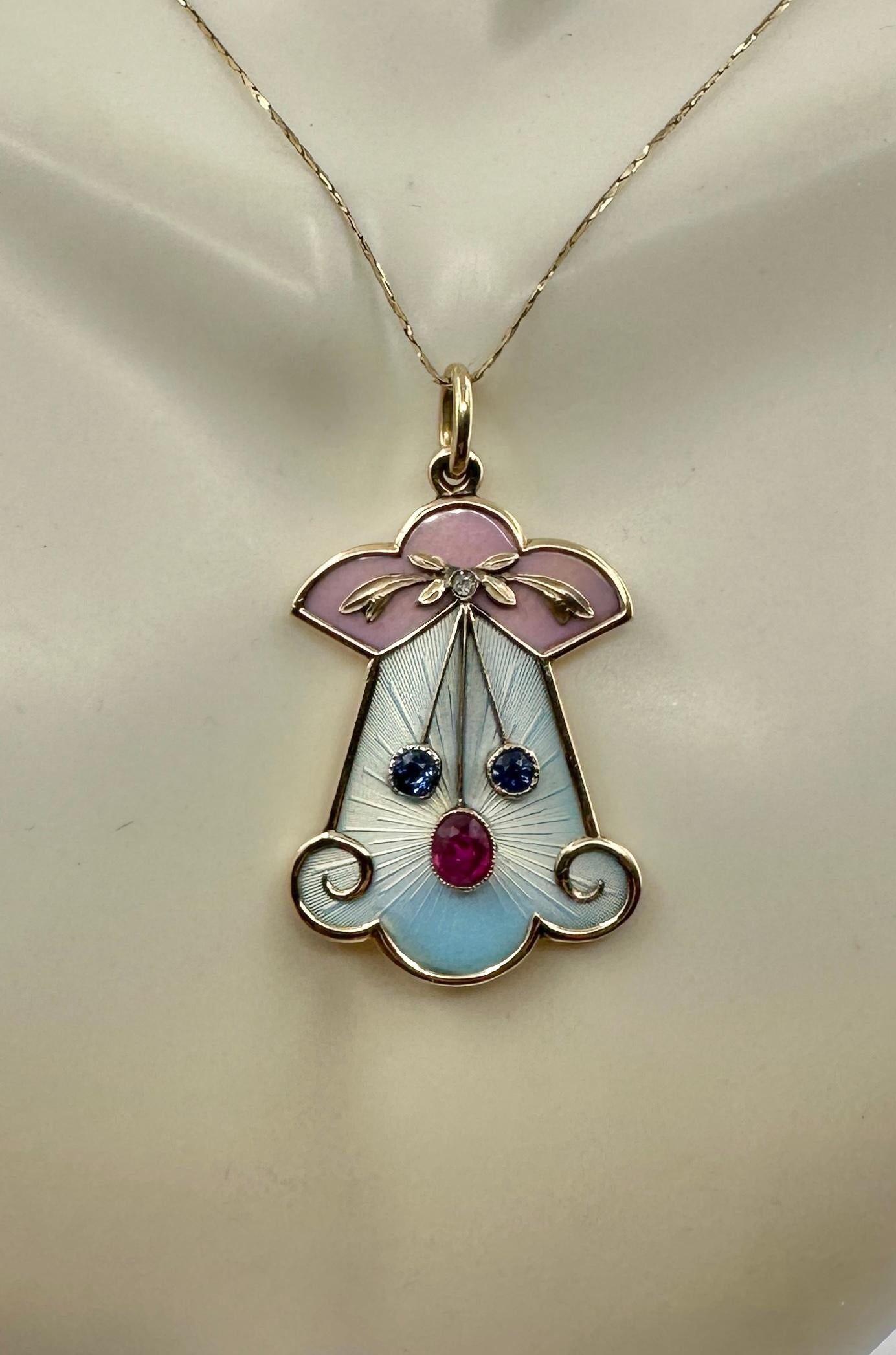 Taille ovale Collier Belle Epoque Rubis Saphir OMC Diamant Pendentif émail Or 14 carats en vente