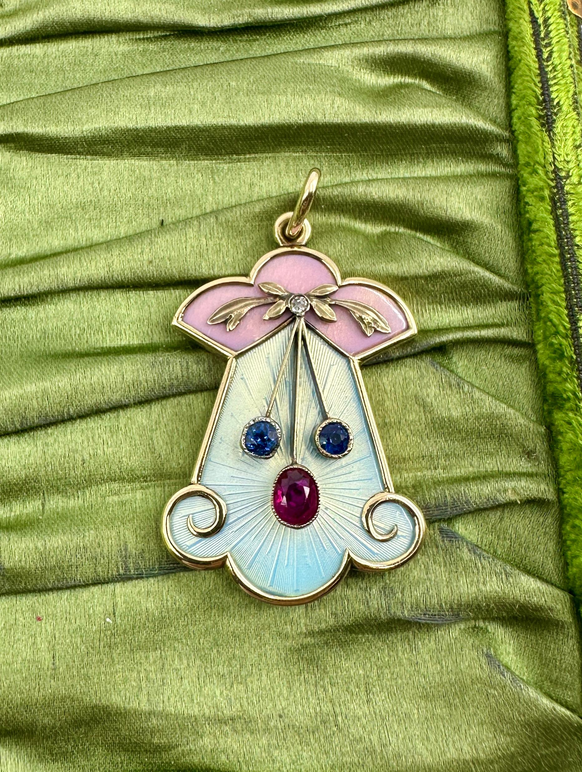 Collier Belle Epoque Rubis Saphir OMC Diamant Pendentif émail Or 14 carats Pour femmes en vente