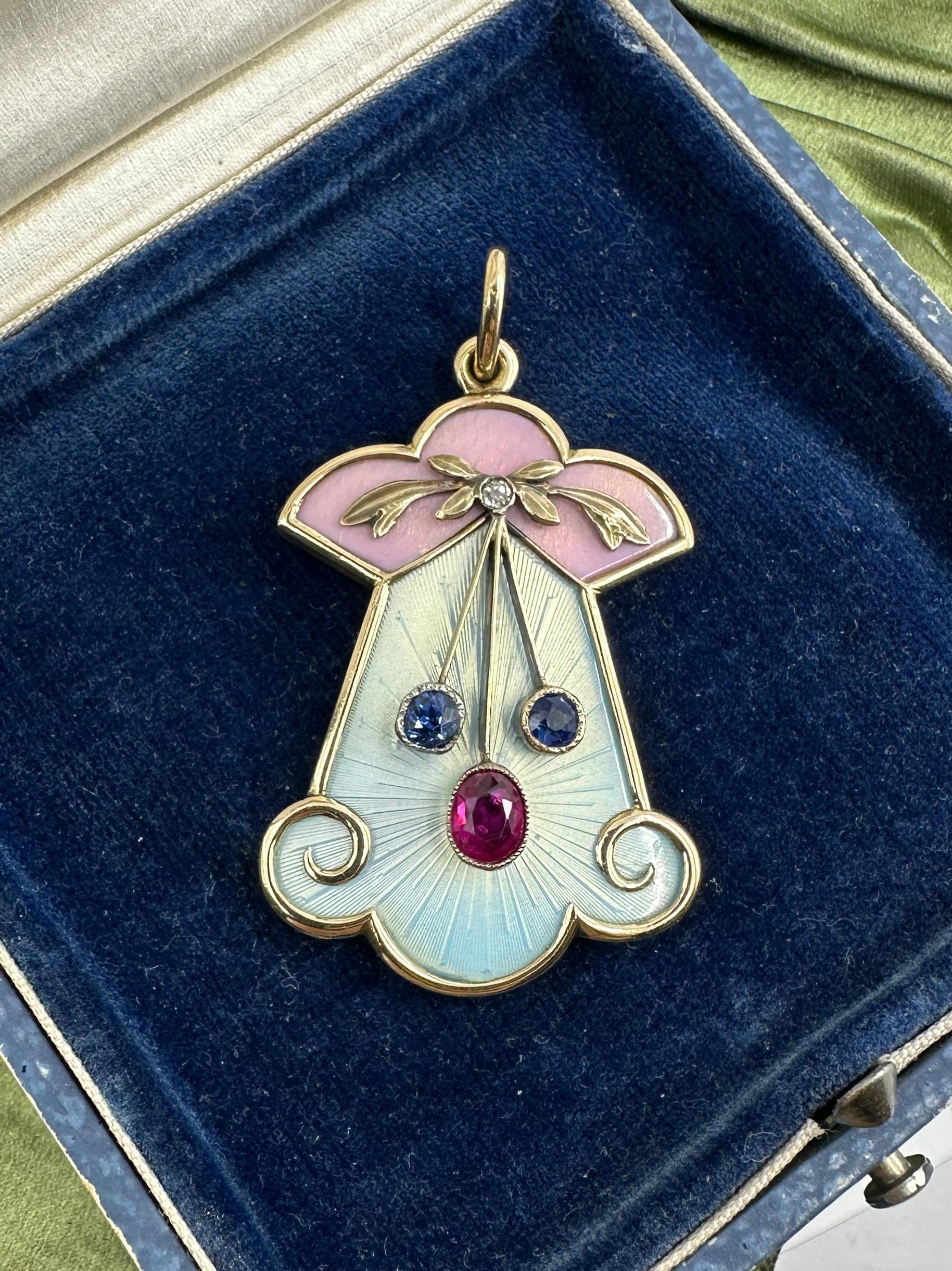 Collier Belle Epoque Rubis Saphir OMC Diamant Pendentif émail Or 14 carats en vente 2