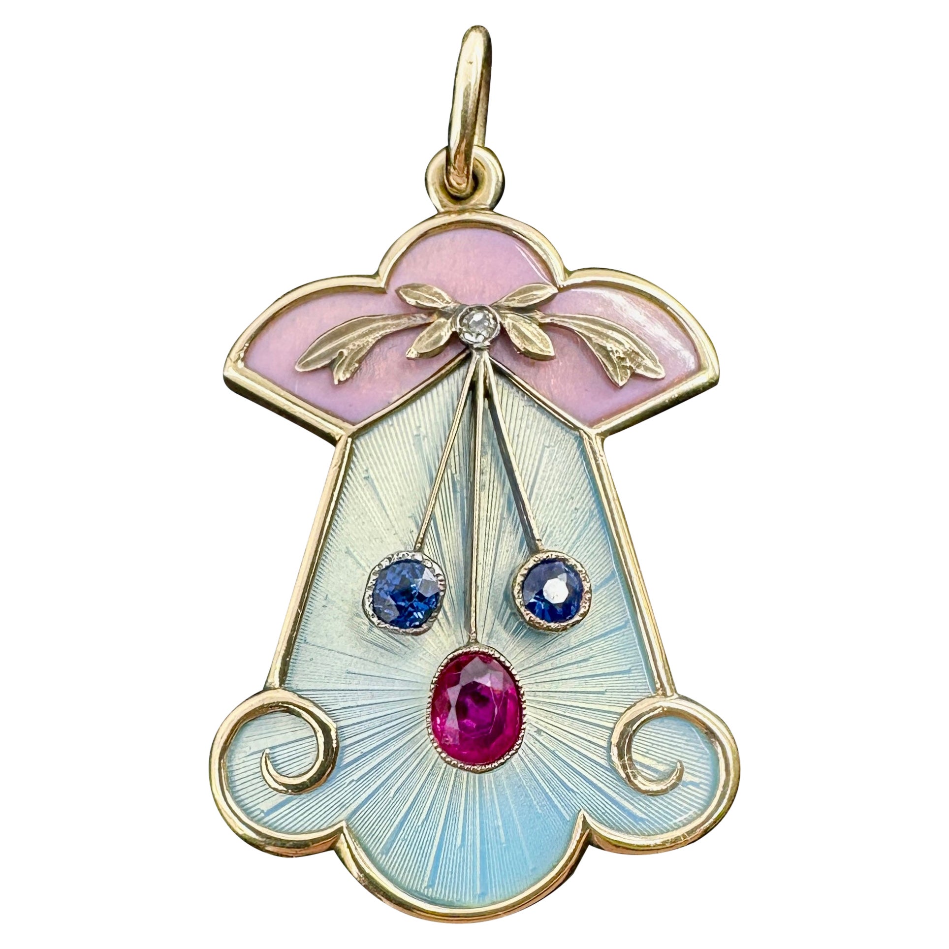 Collier Belle Epoque Rubis Saphir OMC Diamant Pendentif émail Or 14 carats en vente