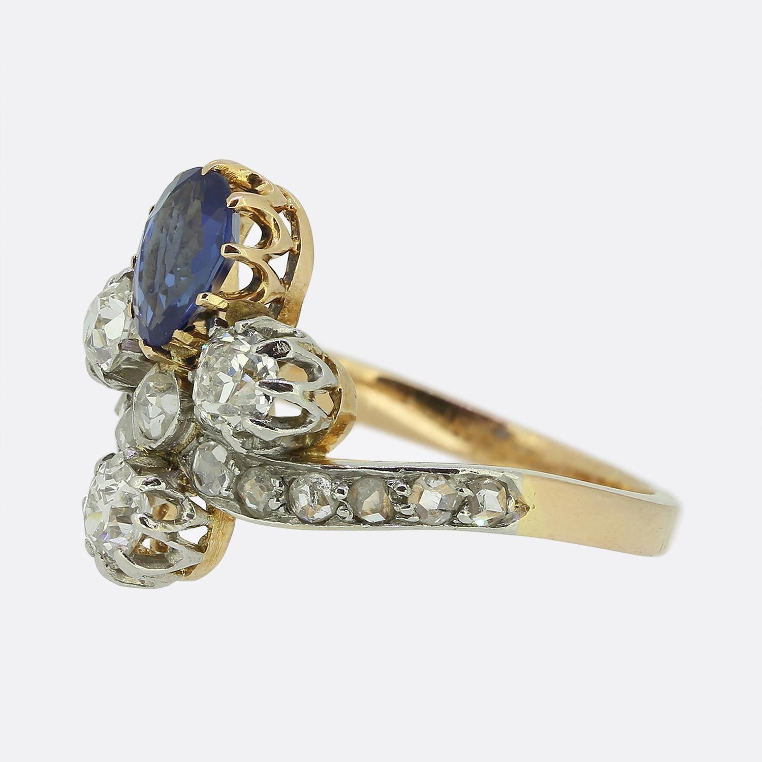 This is a wonderfully rare antique Belle Epoque sapphire and diamond ring. The ring is formed of a rich blue sapphire and a mix of bright white old and rose cut diamonds. It has been exceptionally made and although the band is 18ct rose gold the