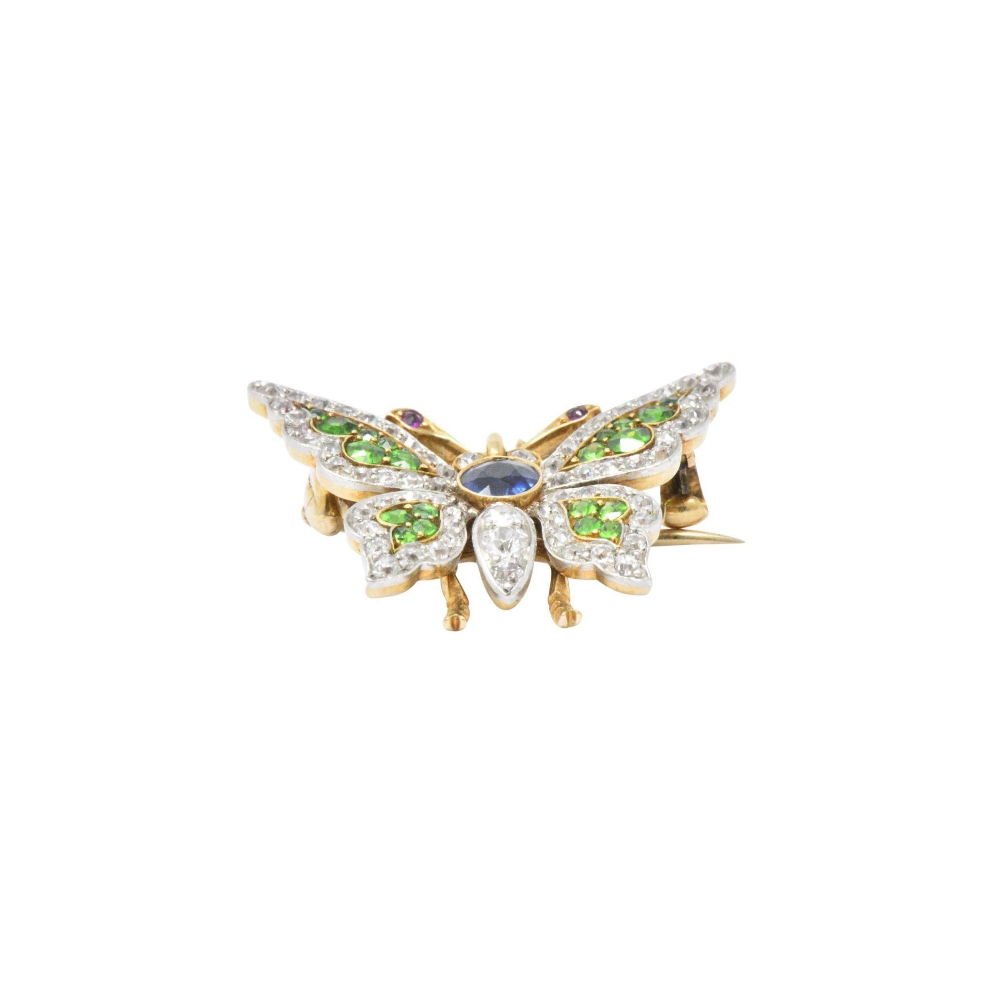 Belle Epoque Sapphire Demantoid Ruby Diamond & Platinum 18K Gold Butterfly Pin In Excellent Condition In Philadelphia, PA