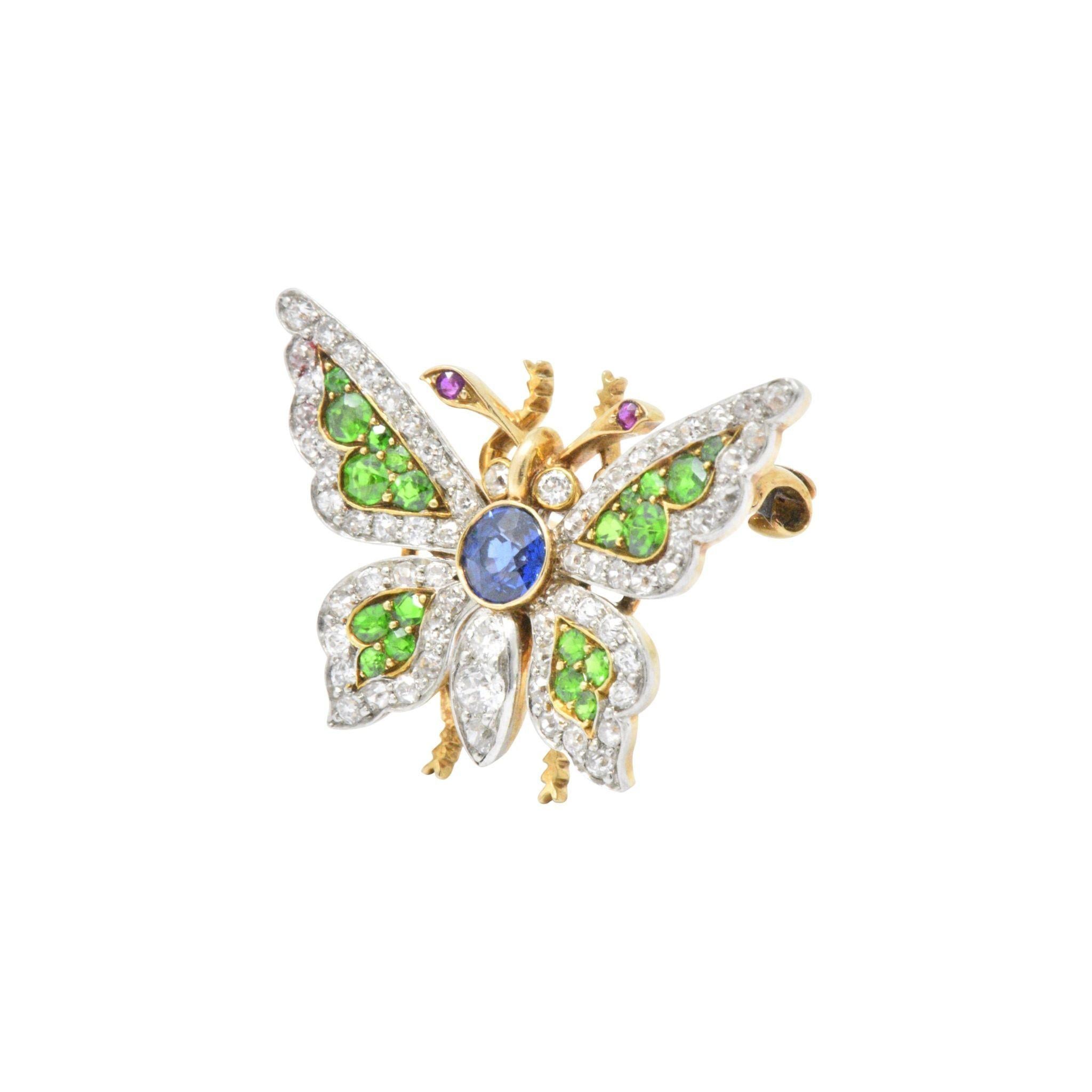 Women's or Men's Belle Epoque Sapphire Demantoid Ruby Diamond & Platinum 18K Gold Butterfly Pin
