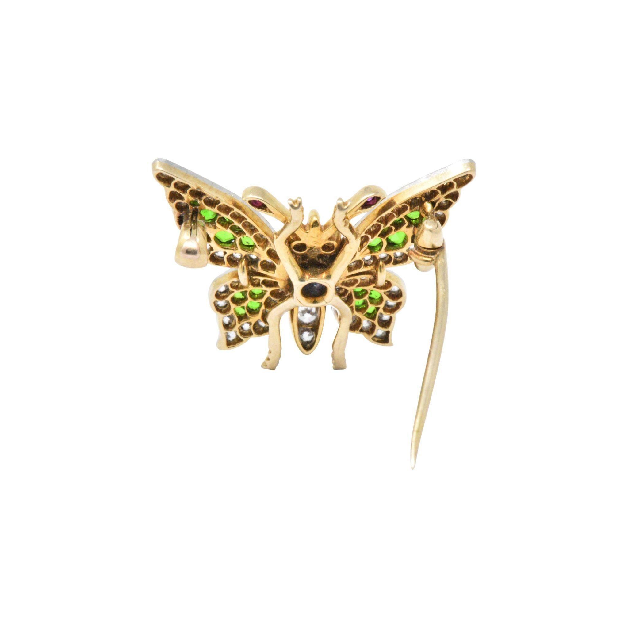 Belle Epoque Sapphire Demantoid Ruby Diamond & Platinum 18K Gold Butterfly Pin 1