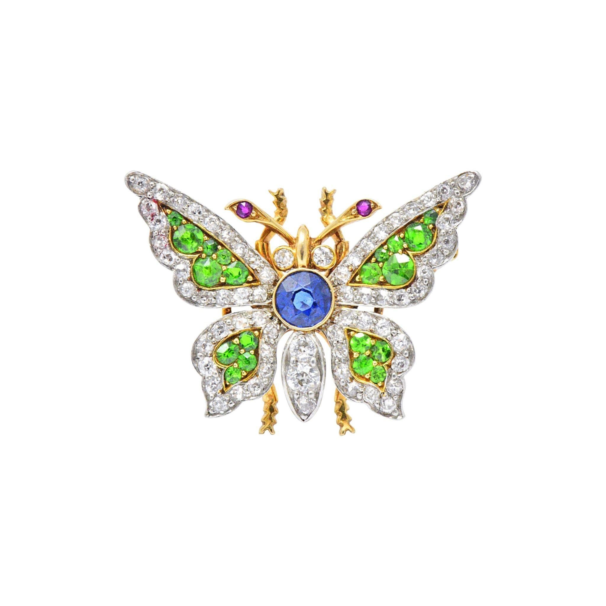 Belle Epoque Sapphire Demantoid Ruby Diamond & Platinum 18K Gold Butterfly Pin 2