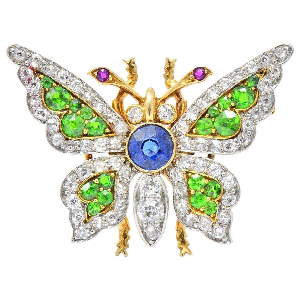 Belle Epoque Sapphire Demantoid Ruby Diamond & Platinum 18K Gold Butterfly Pin