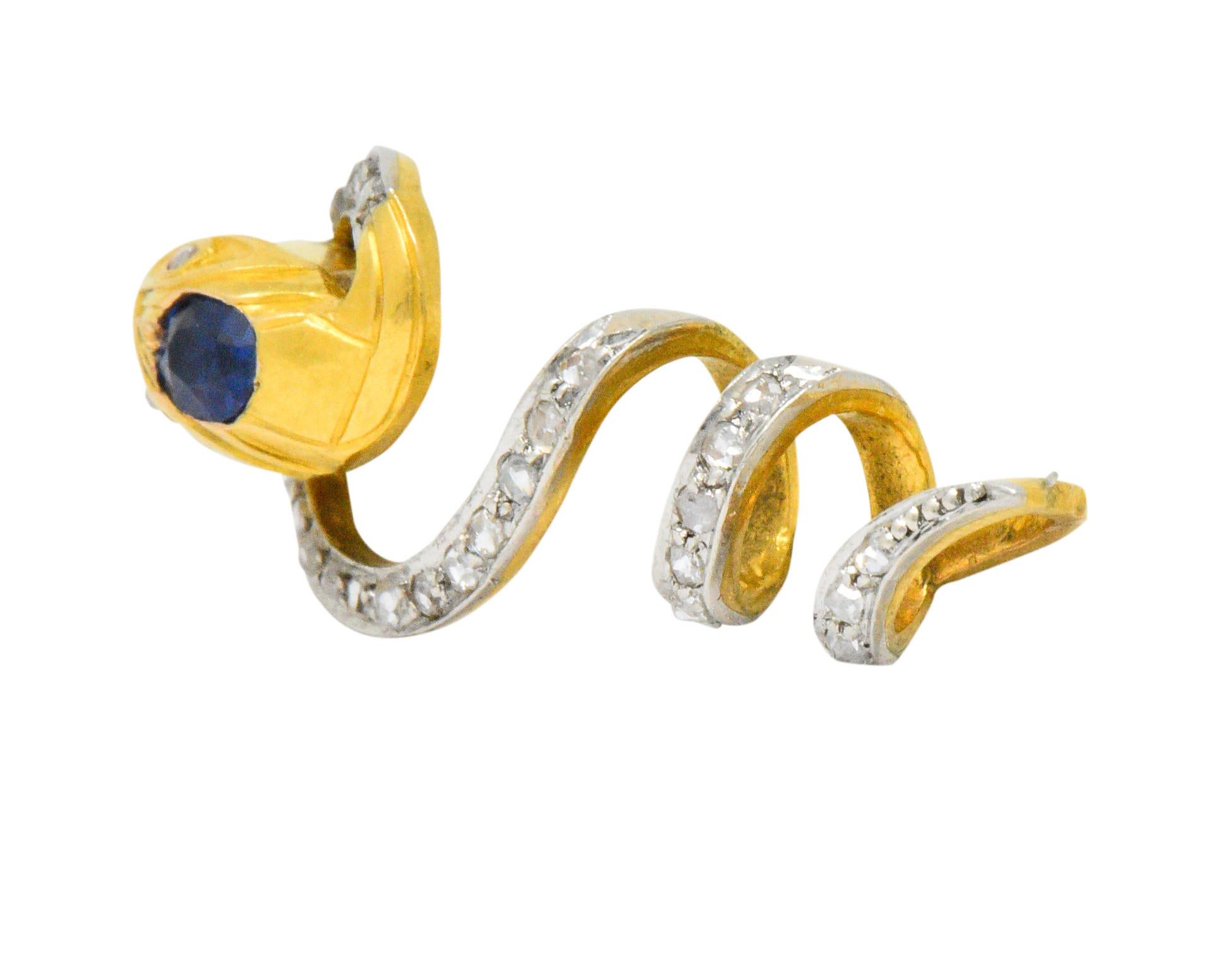 Belle Époque Sapphire Diamond Platinum-Topped 18 Karat Gold Snake Slide In Excellent Condition In Philadelphia, PA